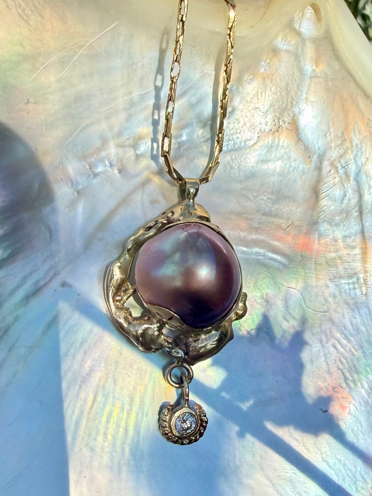 South Seas Mabe Pearl Pendant in Vintage 14K Gold  with a Diamond Drop