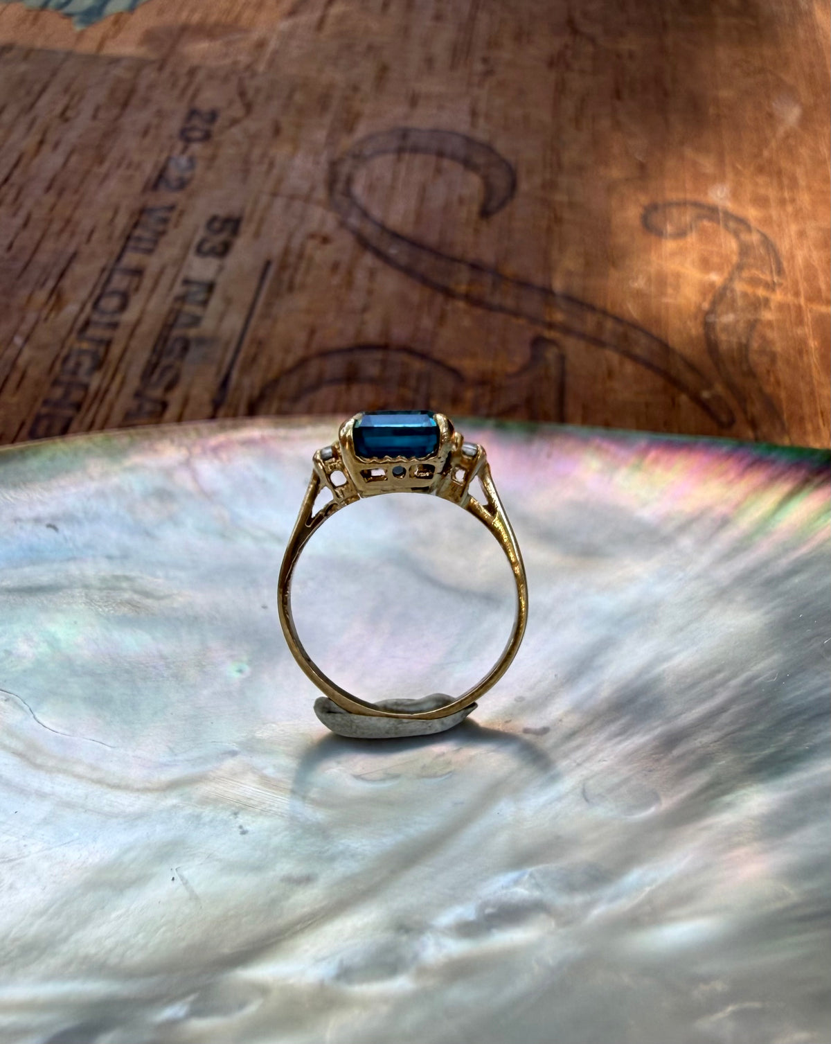 Vintage Emerald Cut Blue & White Topaz in 14K Gold. Size 3 1/2