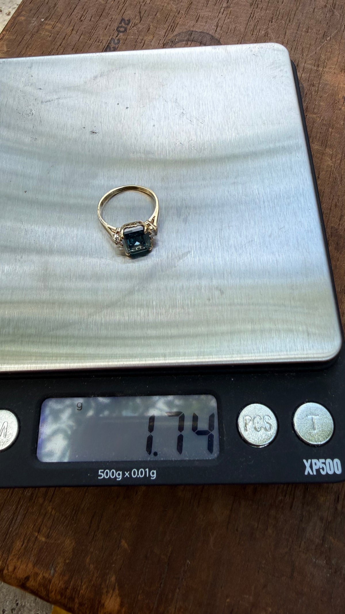 Vintage Emerald Cut Blue & White Topaz in 14K Gold. Size 3 1/2