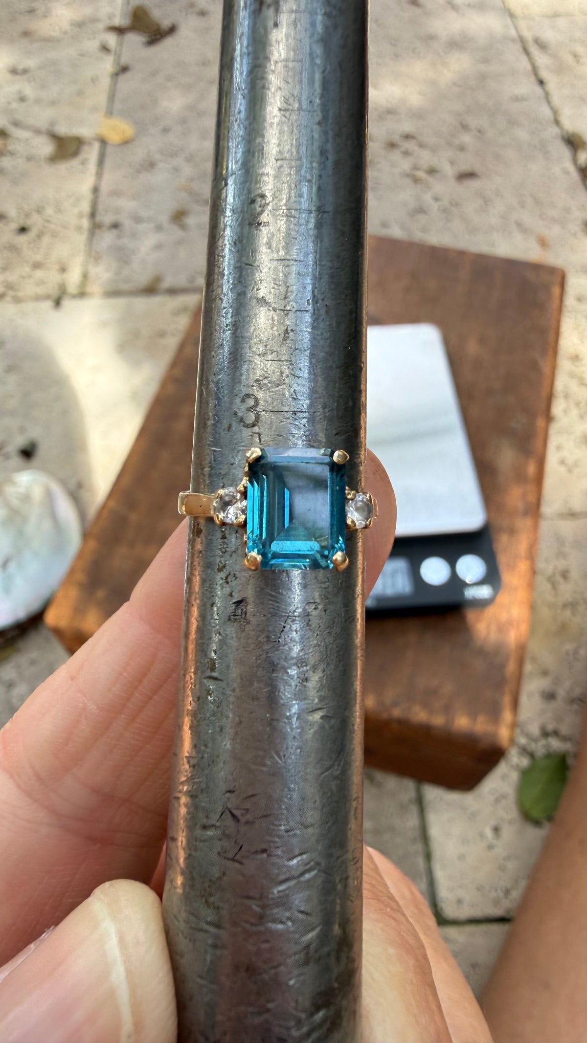 Vintage Emerald Cut Blue & White Topaz in 14K Gold. Size 3 1/2