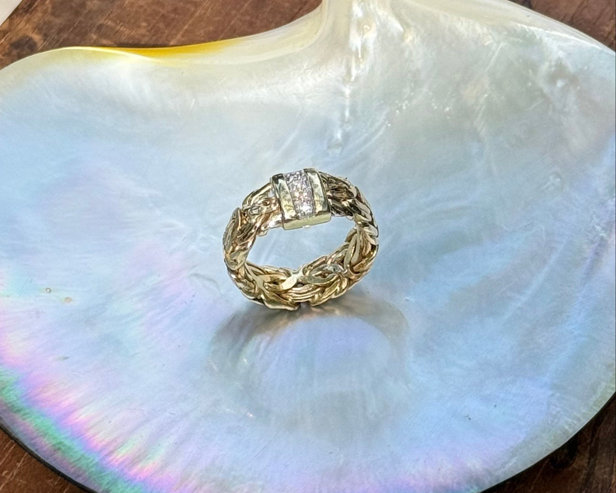 Vintage Byzantine Wide Band in 14k Gold & Natural Diamonds from Turkey; Hallmarked Atasay Kuyumculuk. Size 6.