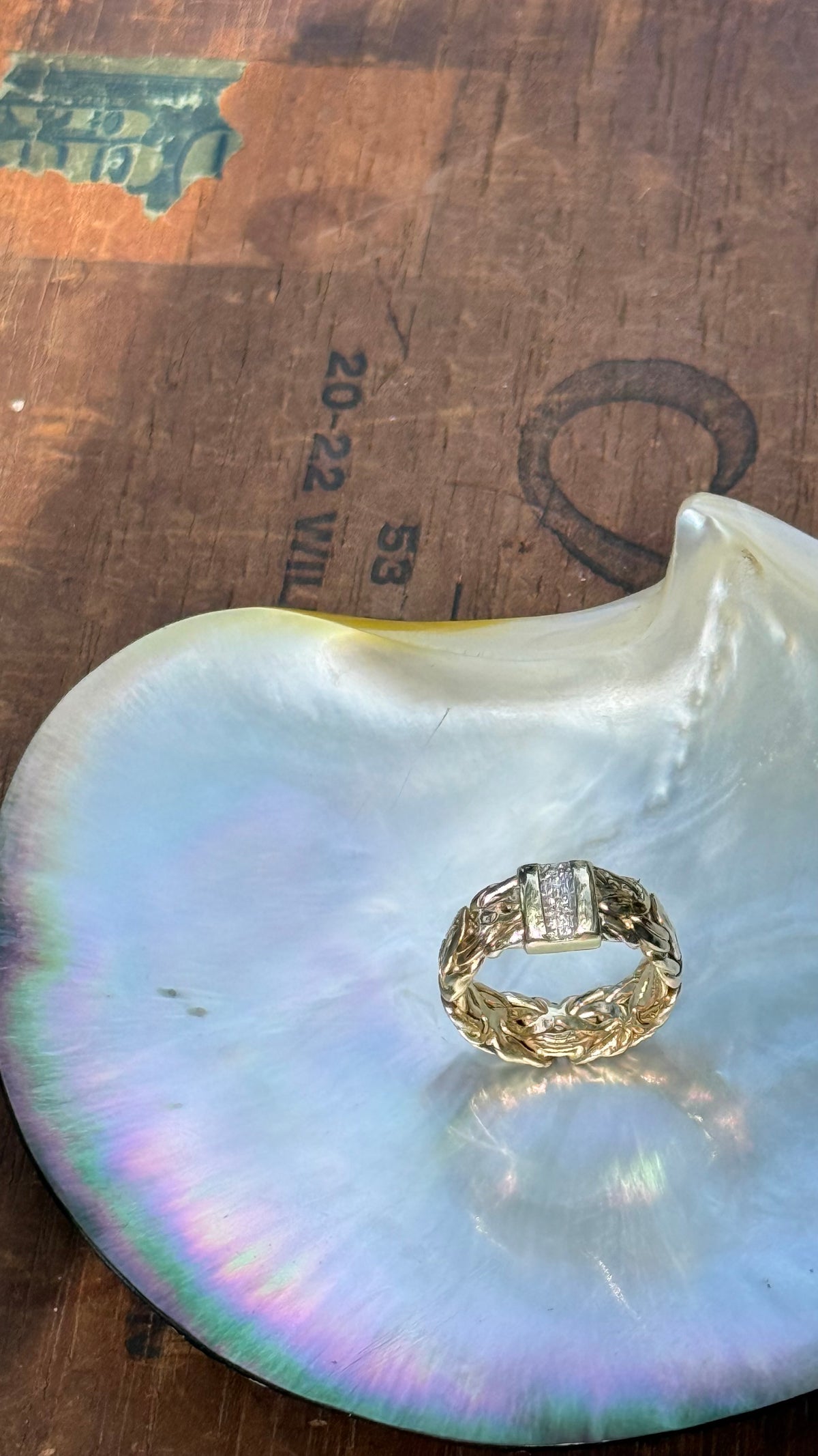 Vintage Byzantine Wide Band in 14k Gold & Natural Diamonds from Turkey; Hallmarked Atasay Kuyumculuk. Size 6.
