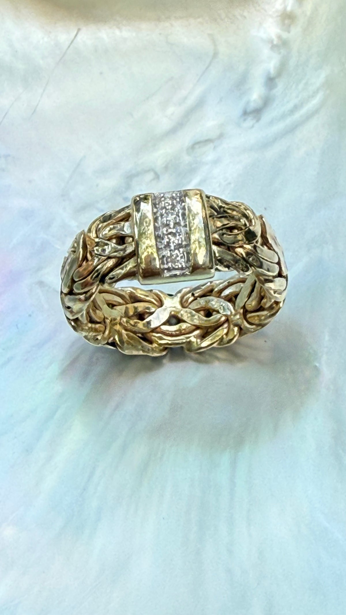 Vintage Byzantine Wide Band in 14k Gold & Natural Diamonds from Turkey; Hallmarked Atasay Kuyumculuk. Size 6.