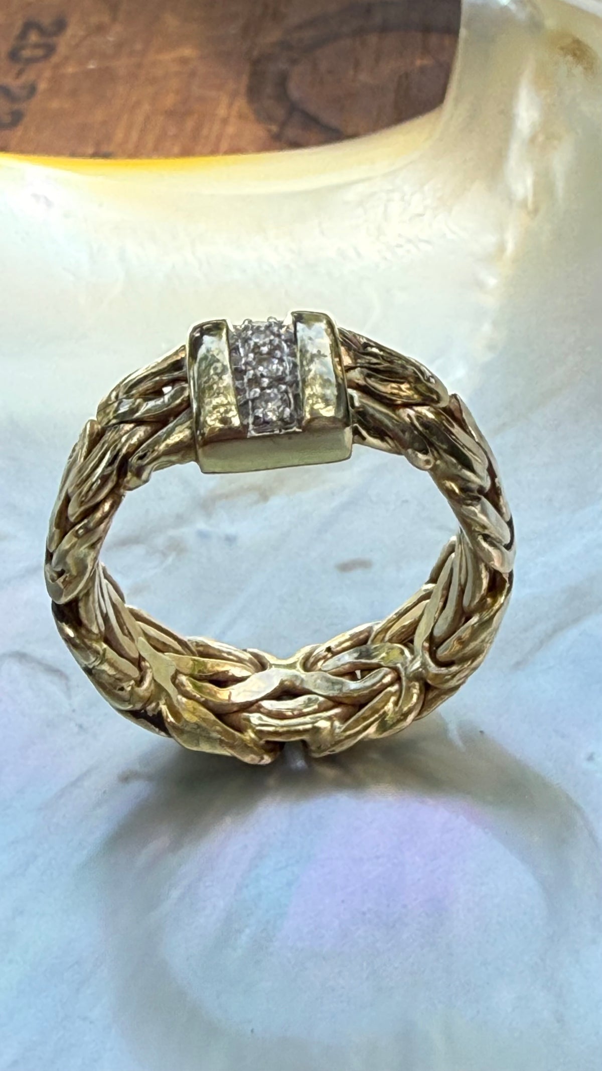 Vintage Byzantine Wide Band in 14k Gold & Natural Diamonds from Turkey; Hallmarked Atasay Kuyumculuk. Size 6.