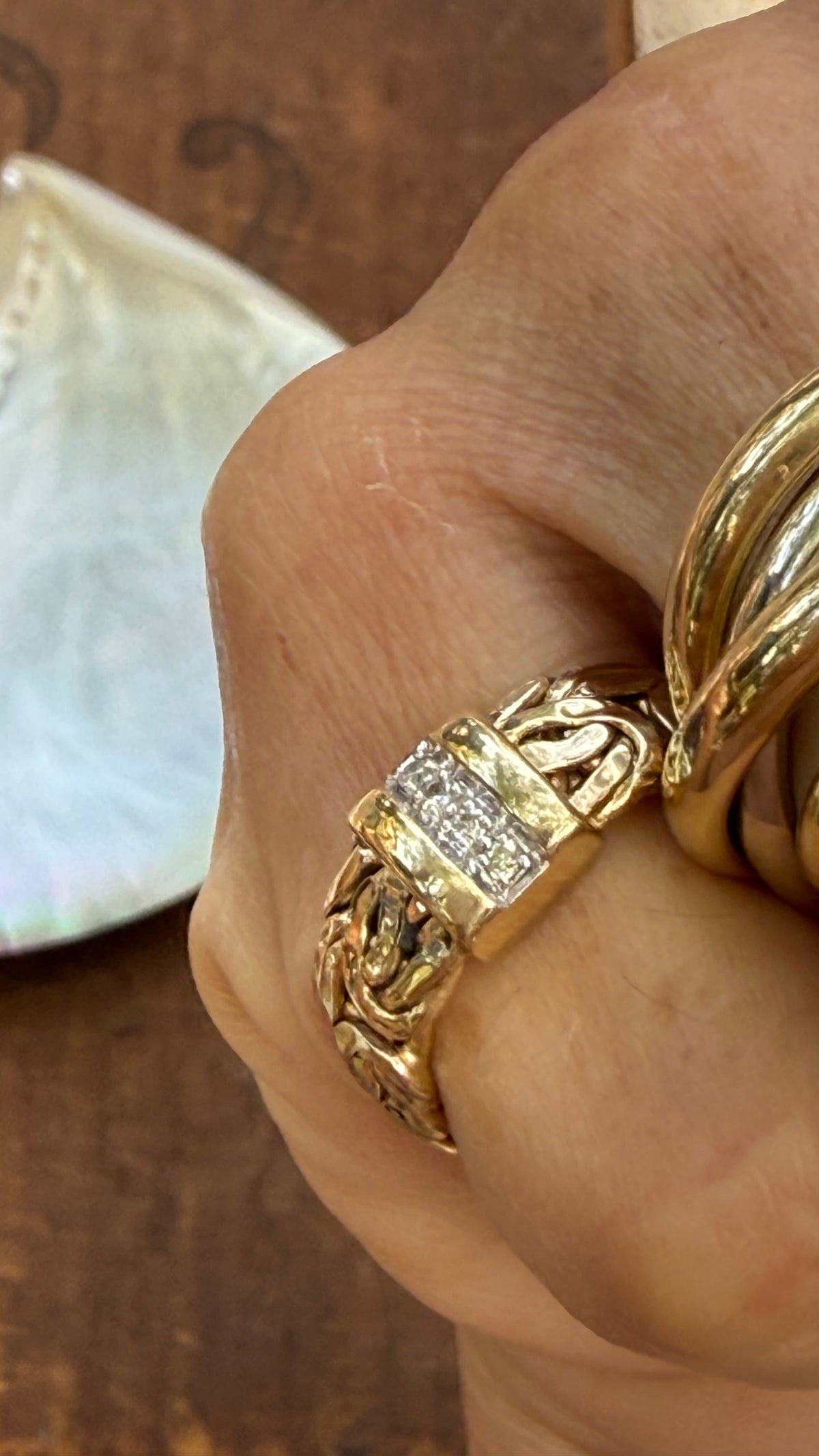 Vintage Byzantine Wide Band in 14k Gold & Natural Diamonds from Turkey; Hallmarked Atasay Kuyumculuk. Size 6.