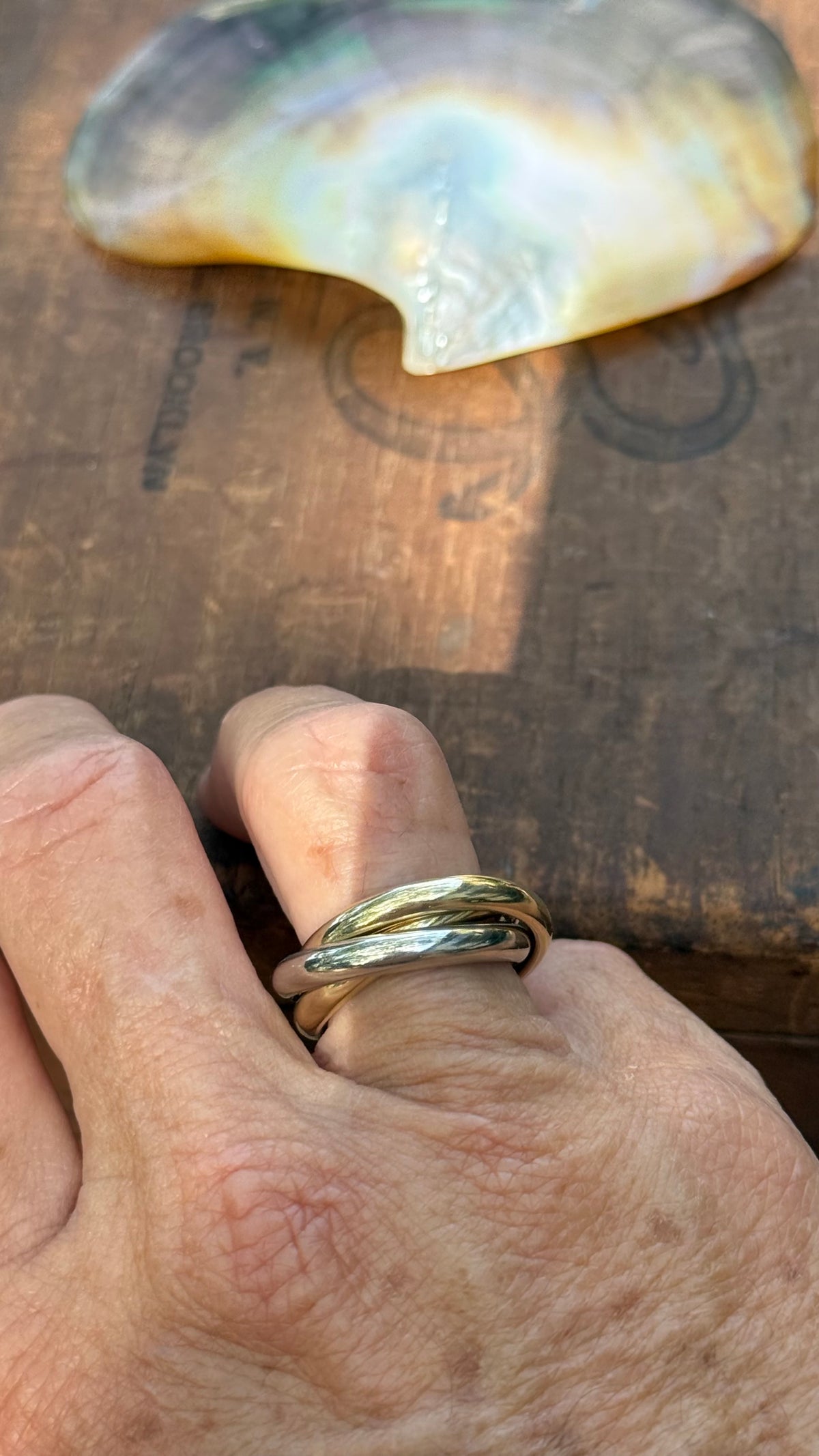 Vintage 14k Gold Three Interlocking Rings in Yellow & White gold, size 7.5.