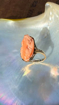 Antique Art Deco Beautiful Peach Coral Cameo in 10K Gold,  Size 6.