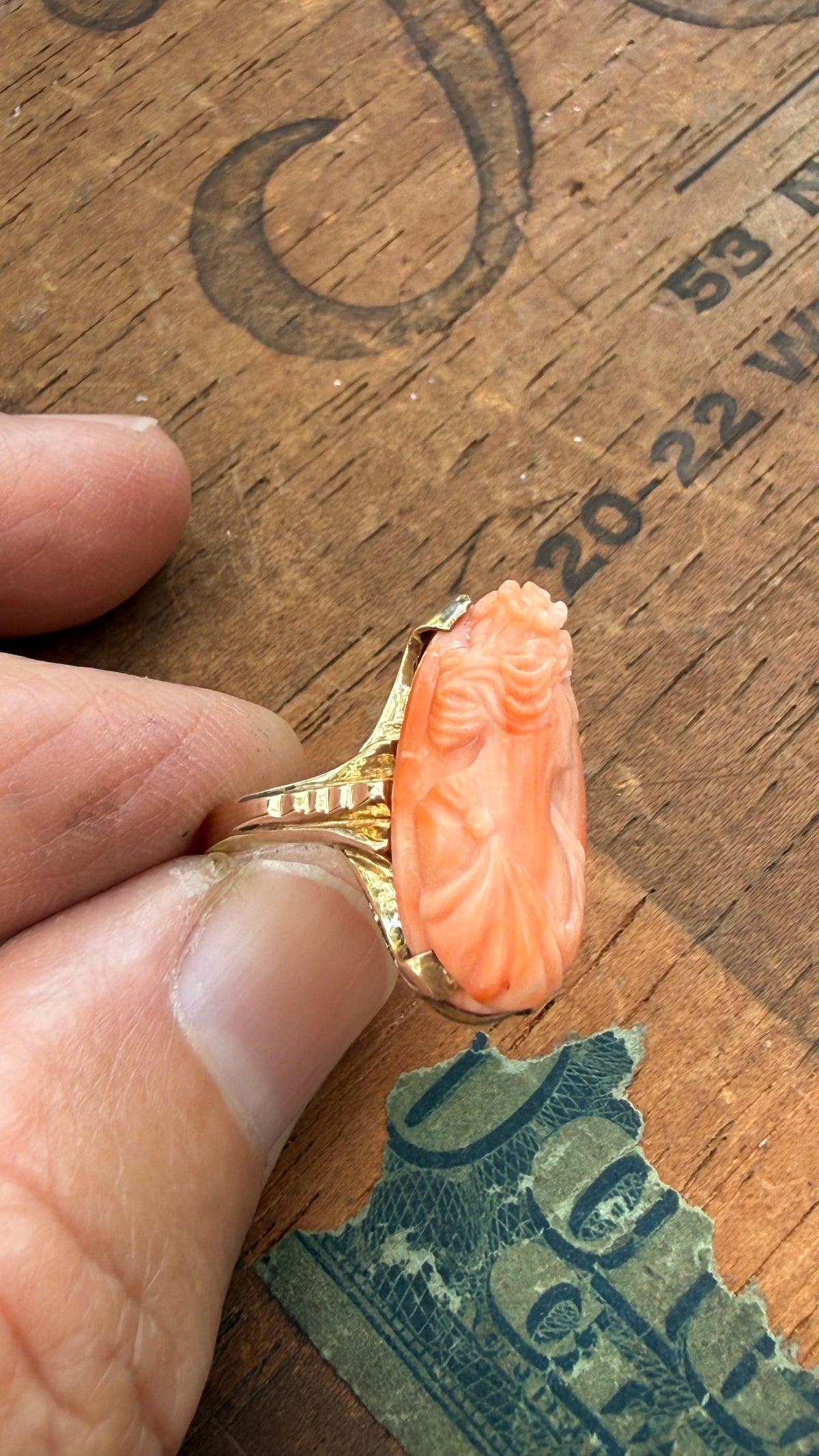 Antique Art Deco Beautiful Peach Coral Cameo in 10K Gold,  Size 6.