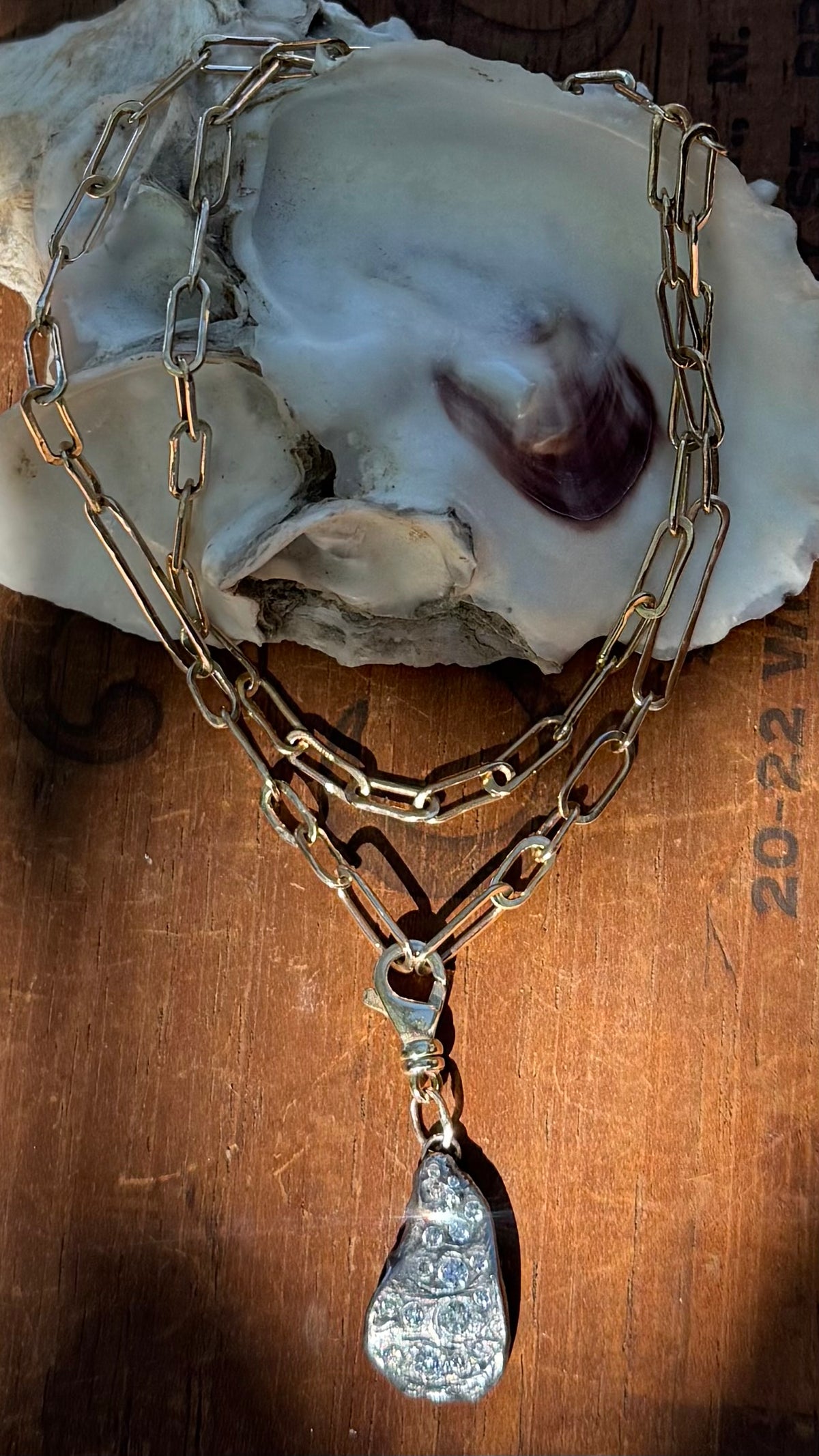 Diamond Encrusted Blackened Silver Oyster with 14K Gold Swivel Lobster Clasp and Hand-Formed Links;  18”