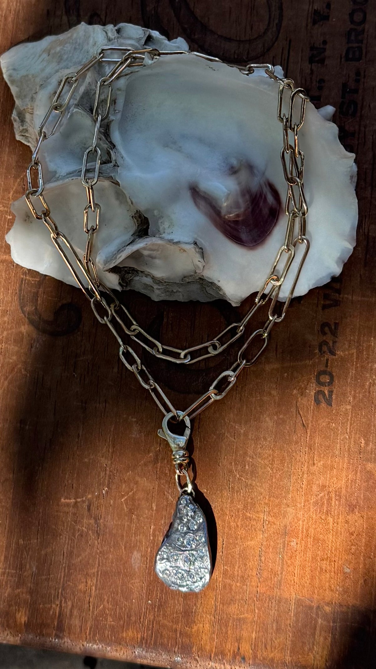 Diamond Encrusted Blackened Silver Oyster with 14K Gold Swivel Lobster Clasp and Hand-Formed Links;  18”