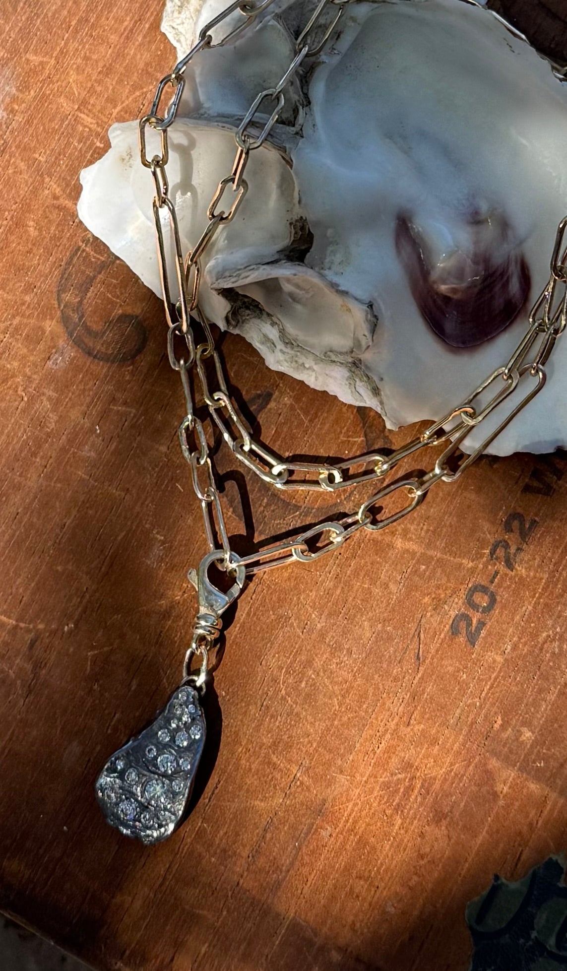 Diamond Encrusted Blackened Silver Oyster with 14K Gold Swivel Lobster Clasp and Hand-Formed Links;  18”