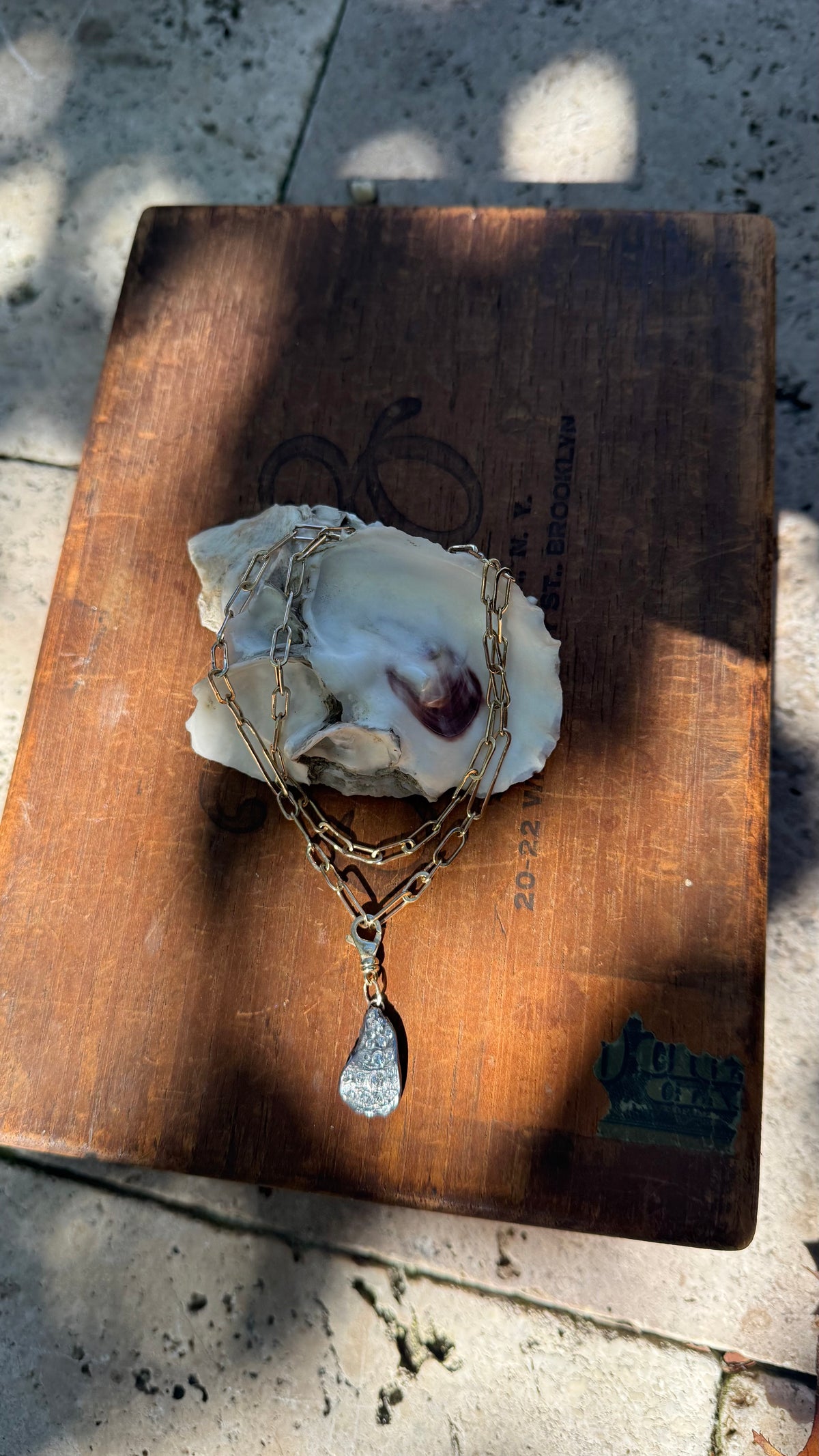Diamond Encrusted Blackened Silver Oyster with 14K Gold Swivel Lobster Clasp and Hand-Formed Links;  18”