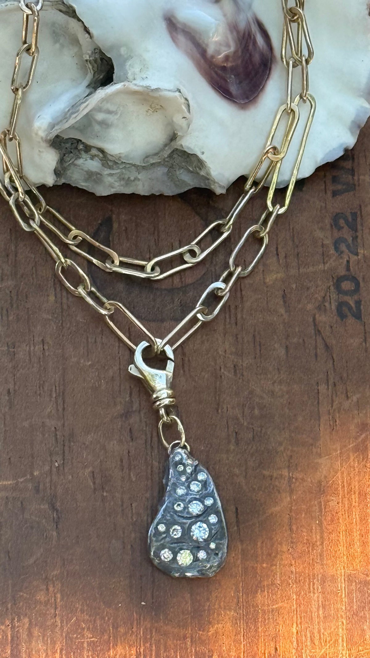 Diamond Encrusted Blackened Silver Oyster with 14K Gold Swivel Lobster Clasp and Hand-Formed Links;  18”
