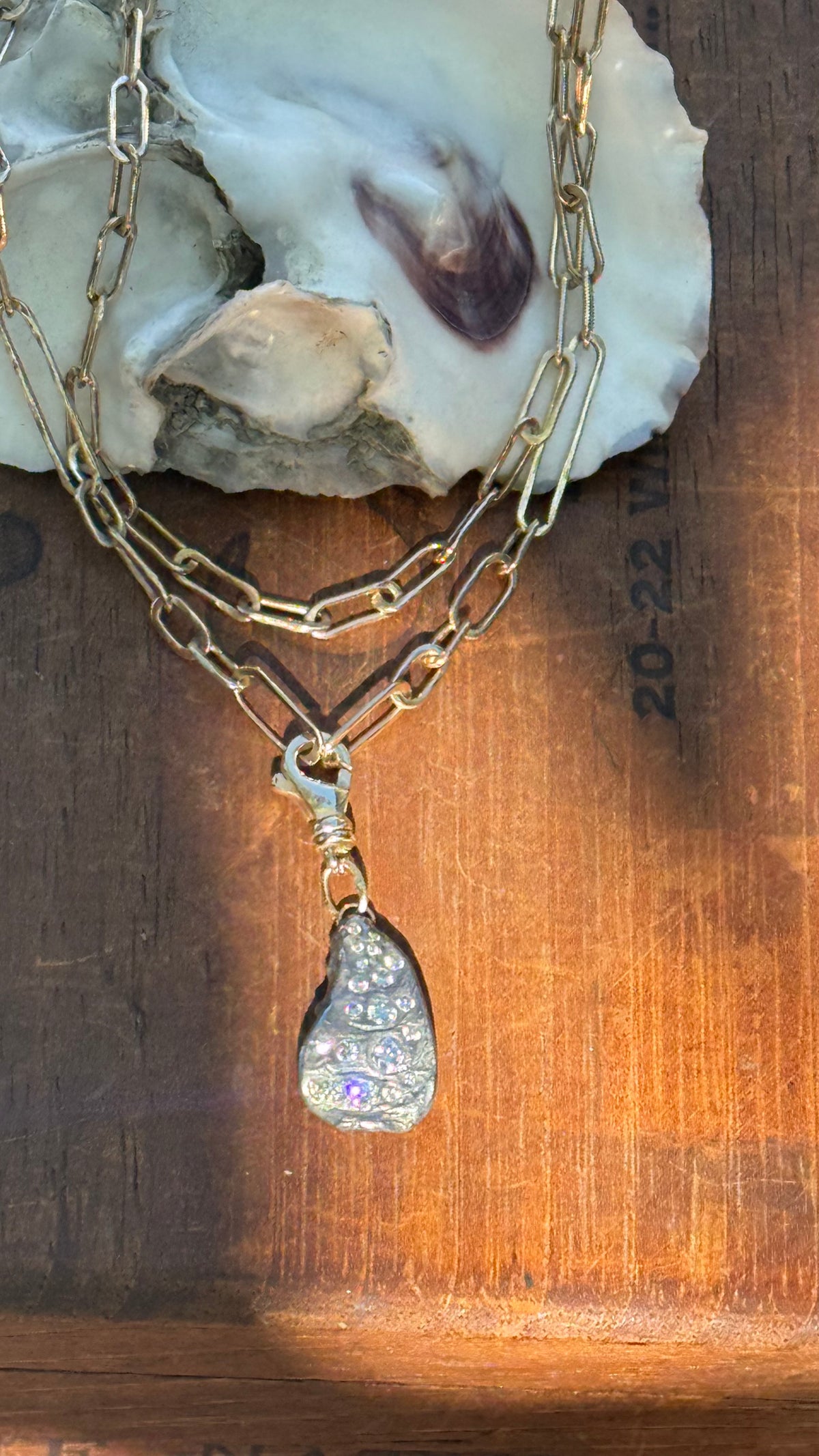 Diamond Encrusted Blackened Silver Oyster with 14K Gold Swivel Lobster Clasp and Hand-Formed Links;  18”