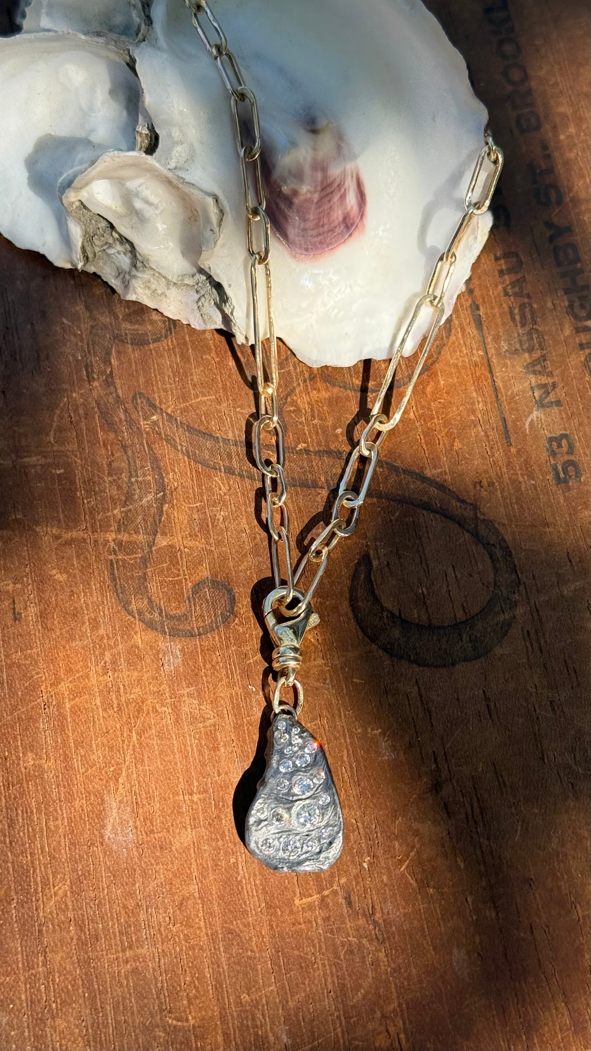 Diamond Encrusted Blackened Silver Oyster with 14K Gold Swivel Lobster Clasp and Hand-Formed Links;  18”
