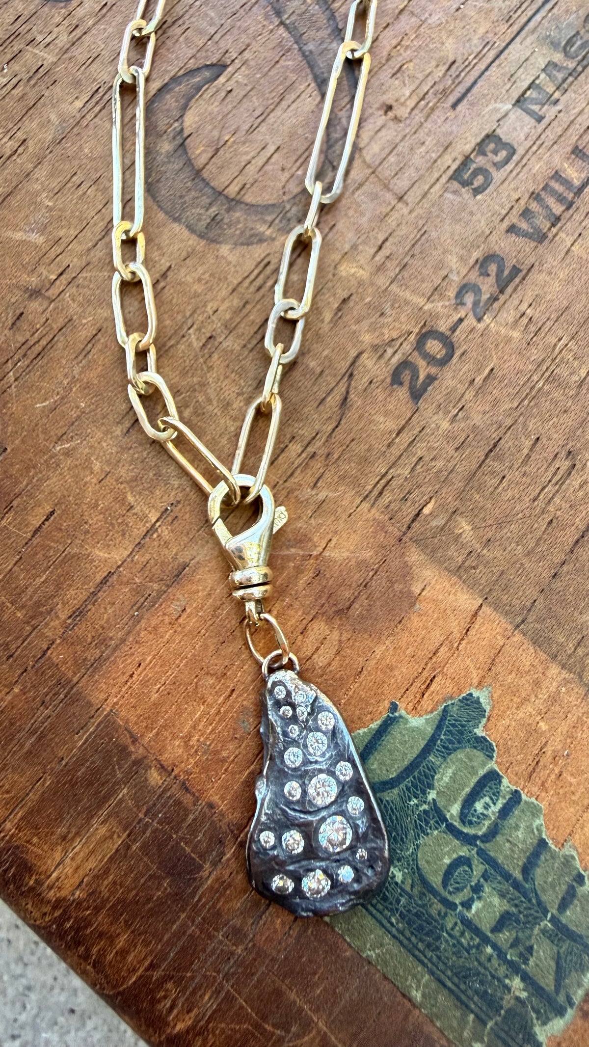 Diamond Encrusted Blackened Silver Oyster with 14K Gold Swivel Lobster Clasp and Hand-Formed Links;  18”