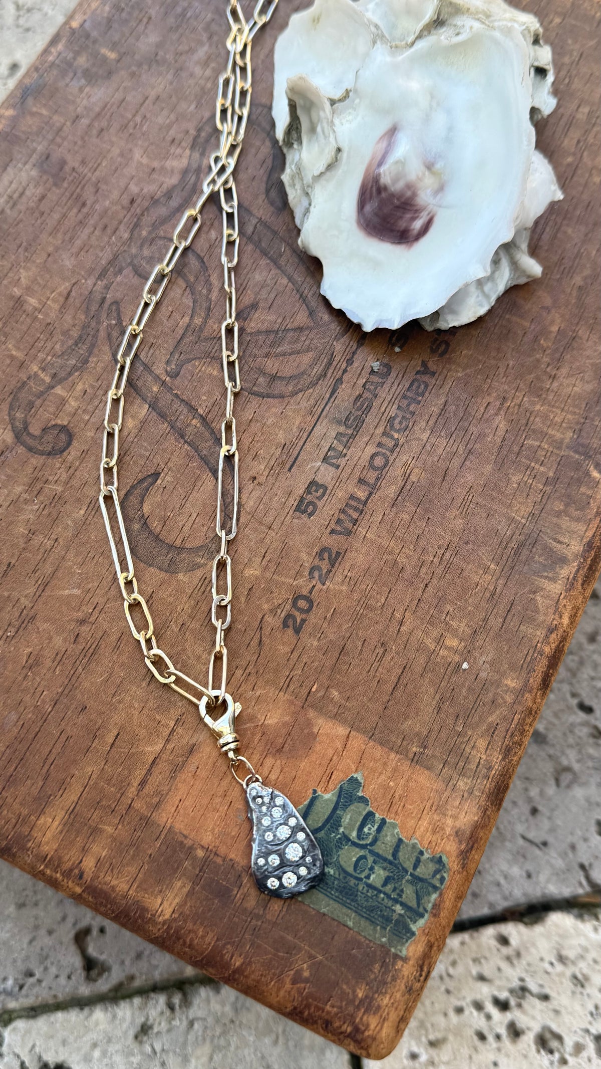Diamond Encrusted Blackened Silver Oyster with 14K Gold Swivel Lobster Clasp and Hand-Formed Links;  18”