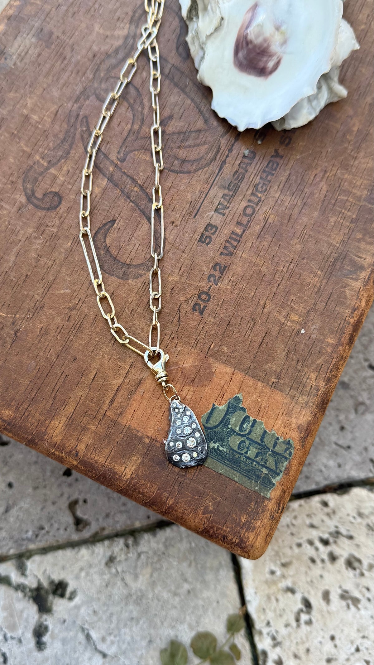 Diamond Encrusted Blackened Silver Oyster with 14K Gold Swivel Lobster Clasp and Hand-Formed Links;  18”