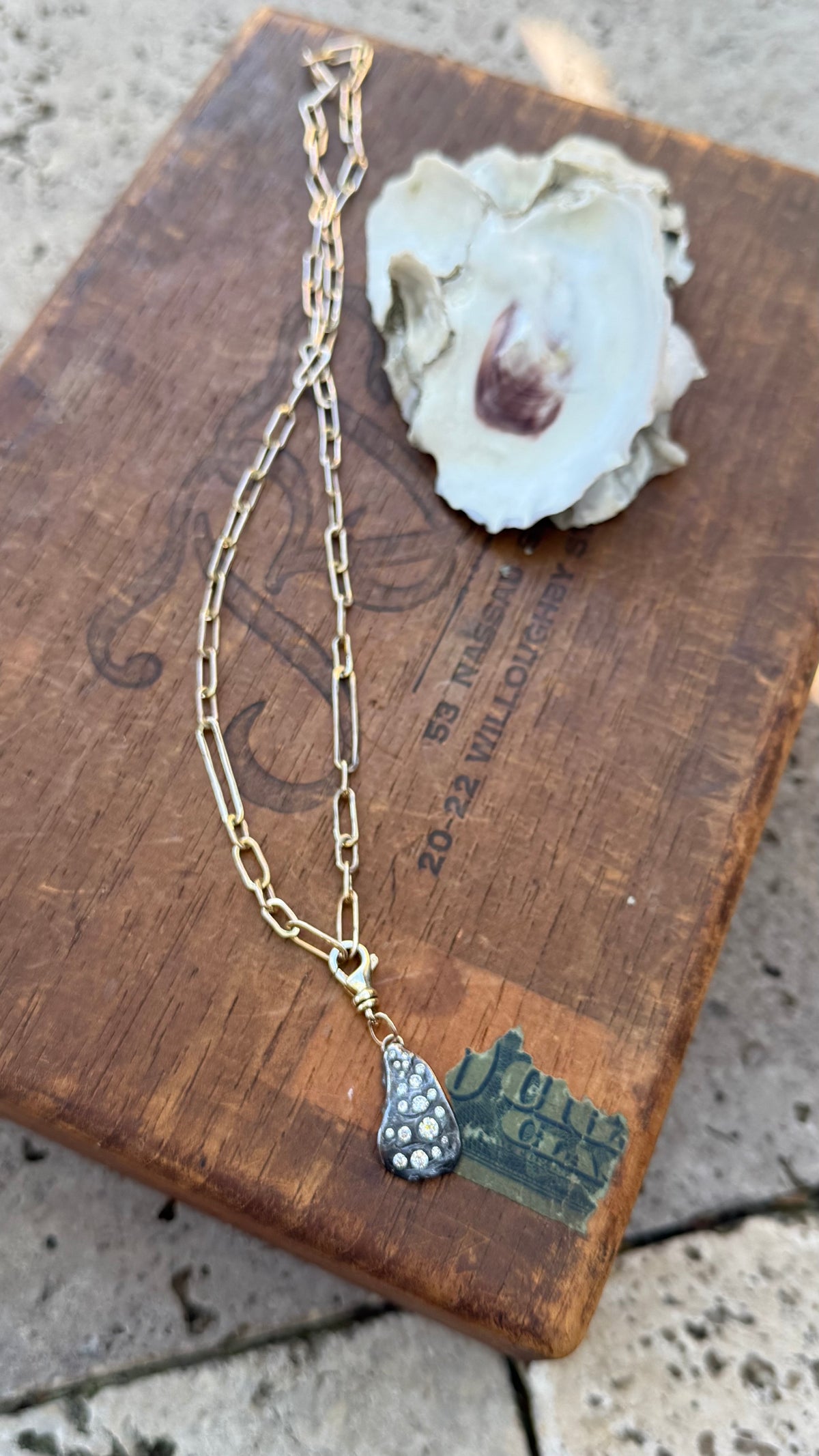 Diamond Encrusted Blackened Silver Oyster with 14K Gold Swivel Lobster Clasp and Hand-Formed Links;  18”