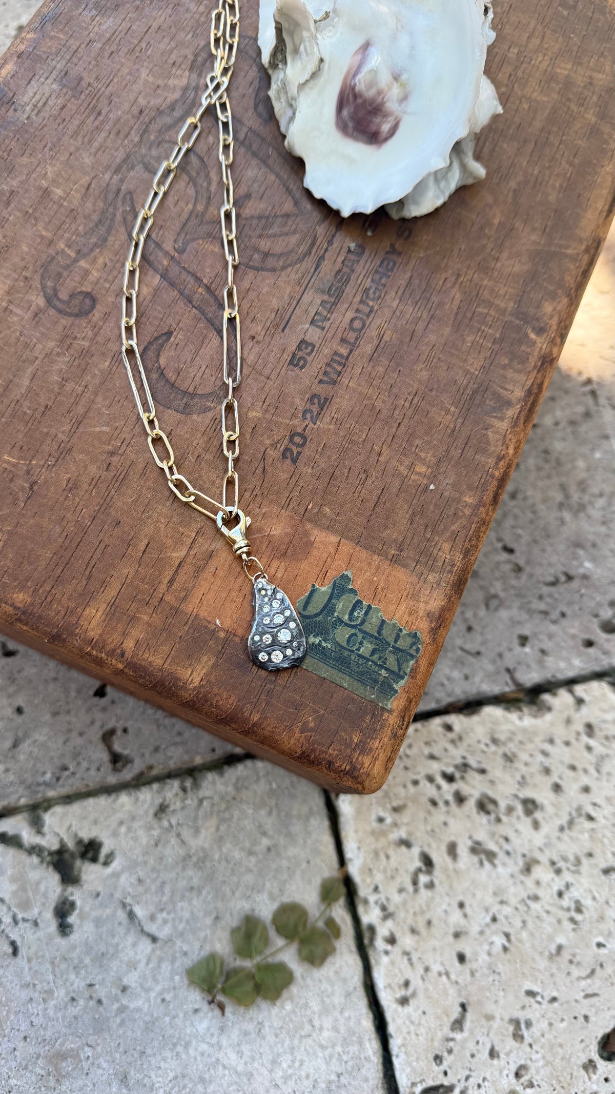 Diamond Encrusted Blackened Silver Oyster with 14K Gold Swivel Lobster Clasp and Hand-Formed Links;  18”