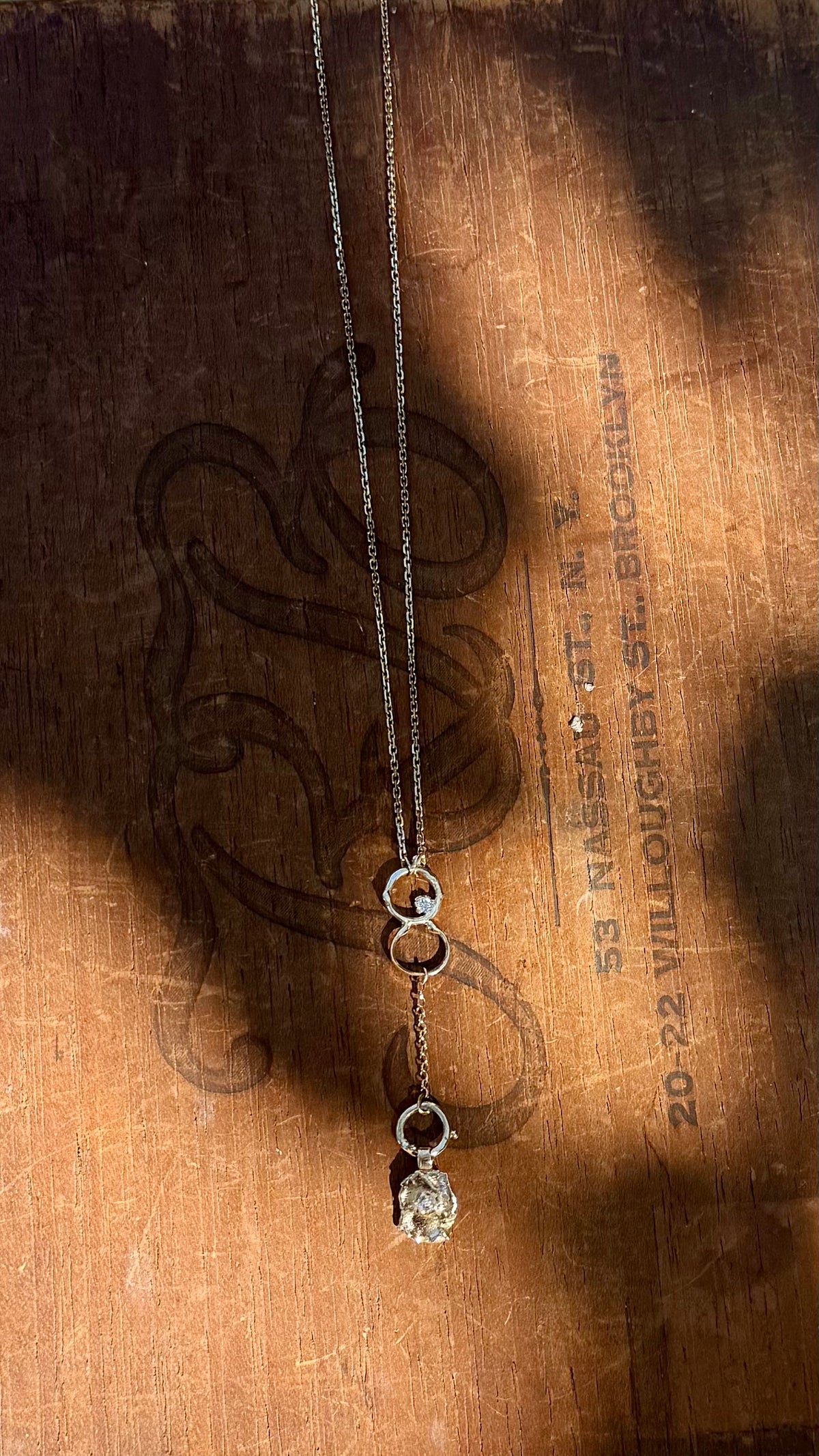 Fused 14K Gold & Diamond Lariat Necklace with Vintage Chain, 18”