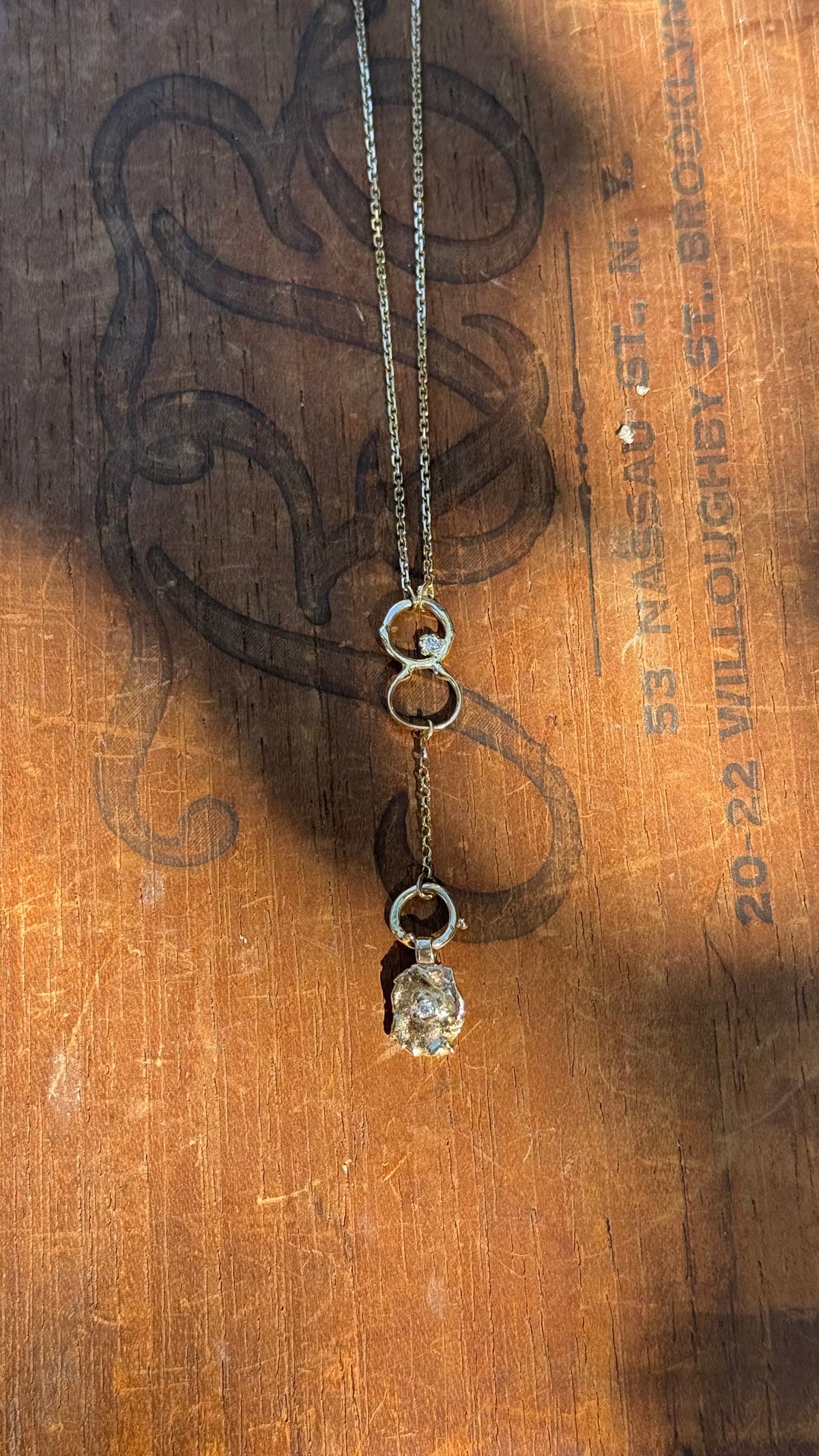 Fused 14K Gold & Diamond Lariat Necklace with Vintage Chain, 18”