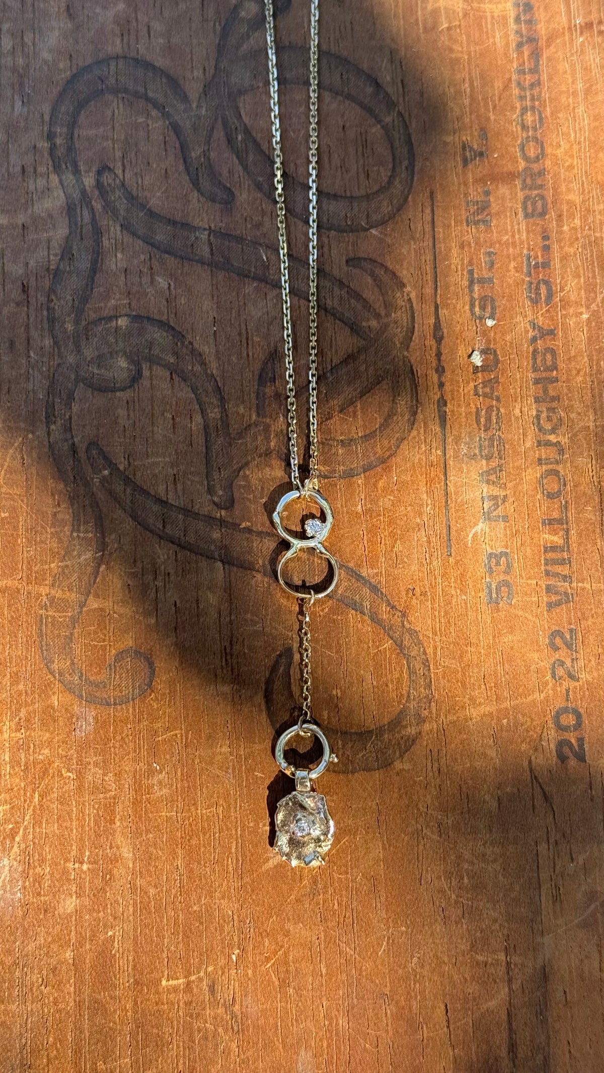 Fused 14K Gold & Diamond Lariat Necklace with Vintage Chain, 18”