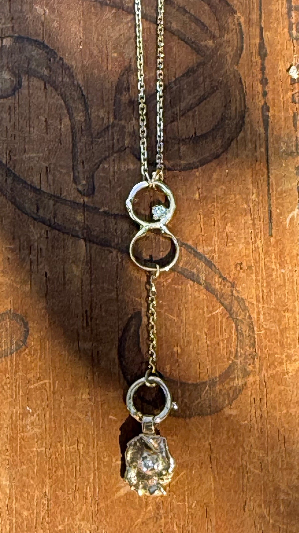 Fused 14K Gold & Diamond Lariat Necklace with Vintage Chain, 18”