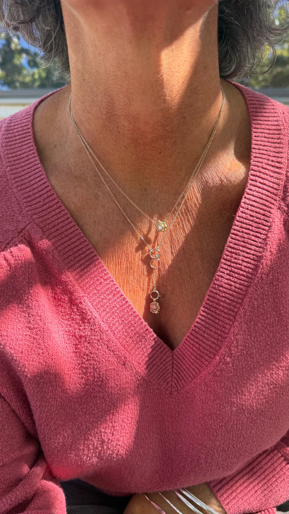 Fused 14K Gold & Diamond Lariat Necklace with Vintage Chain, 18”