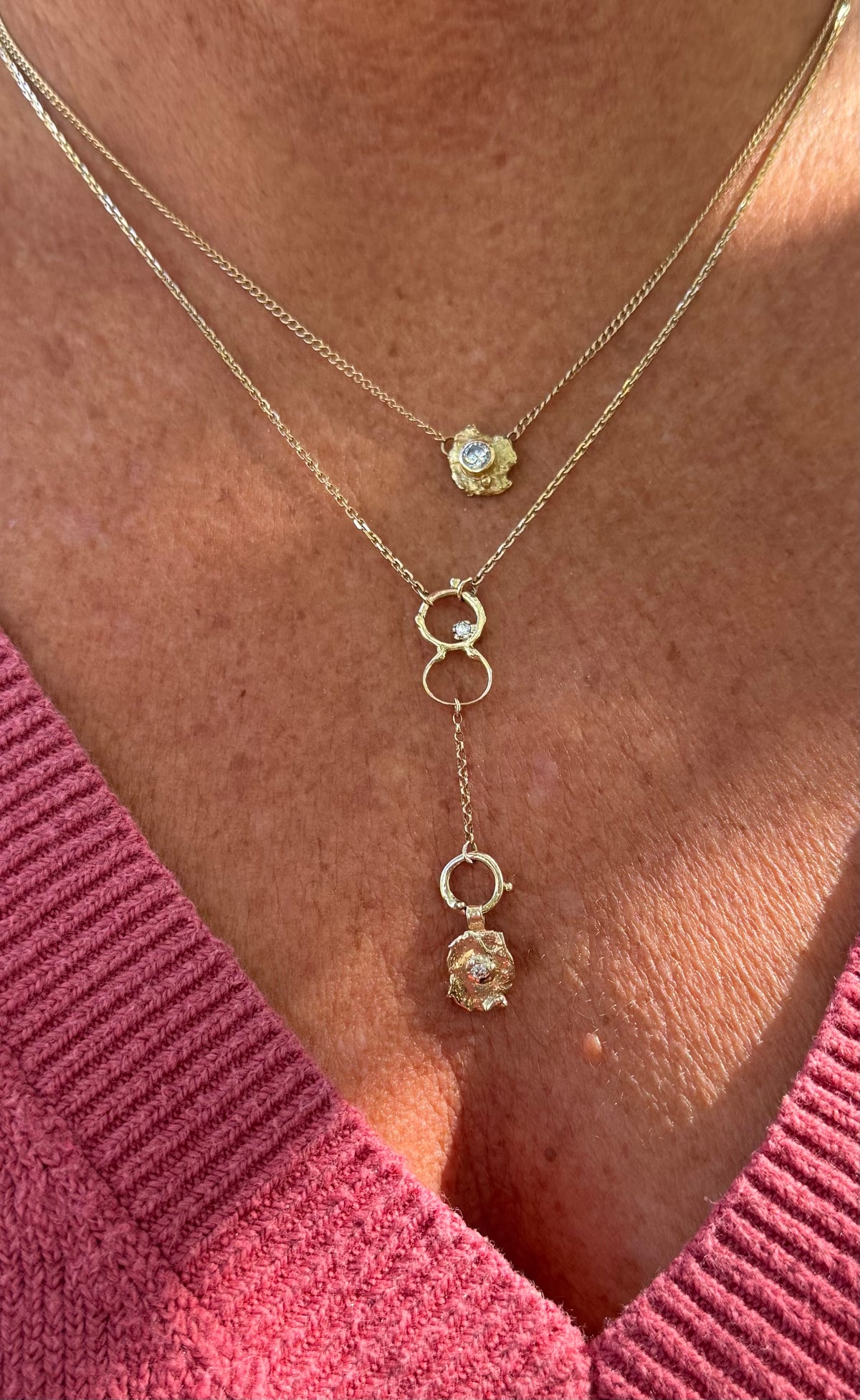 Fused 14K Gold & Diamond Lariat Necklace with Vintage Chain, 18”