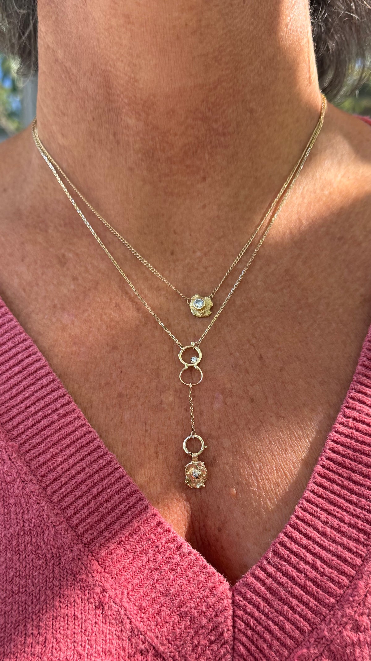 Fused 14K Gold & Diamond Lariat Necklace with Vintage Chain, 18”