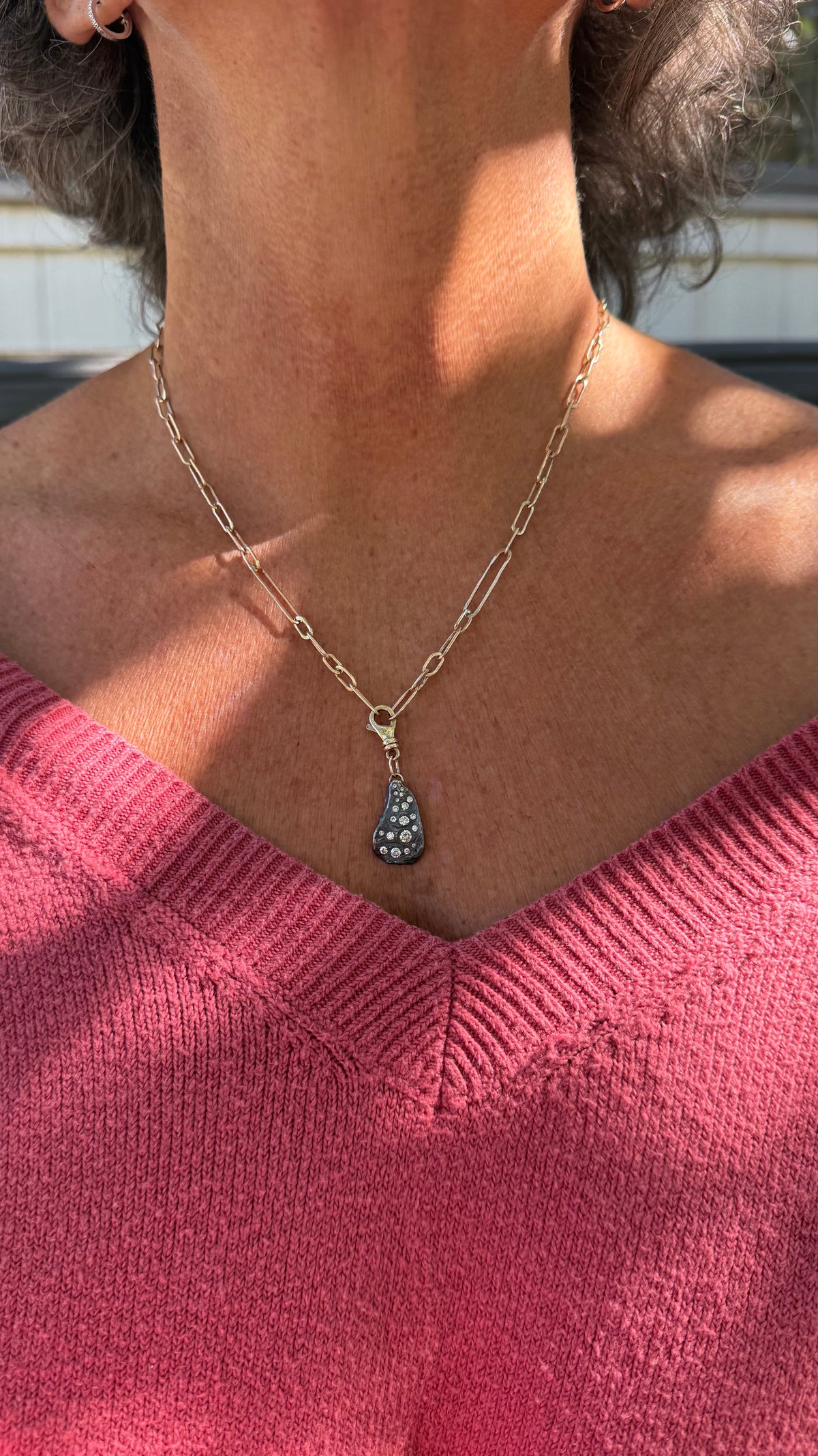 Diamond Encrusted Blackened Silver Oyster with 14K Gold Swivel Lobster Clasp and Hand-Formed Links;  18”