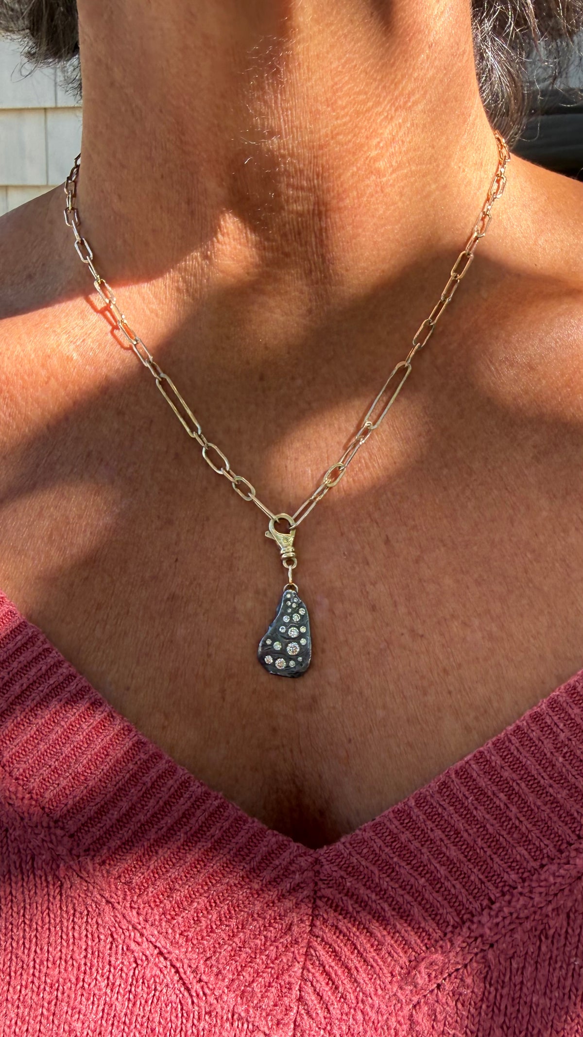 Diamond Encrusted Blackened Silver Oyster with 14K Gold Swivel Lobster Clasp and Hand-Formed Links;  18”