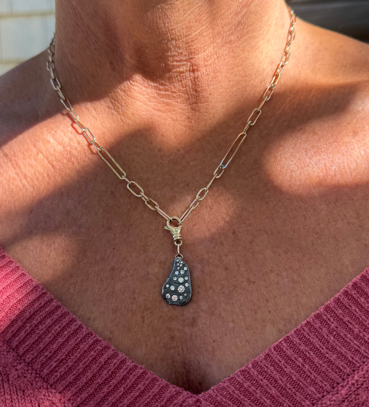 Diamond Encrusted Blackened Silver Oyster with 14K Gold Swivel Lobster Clasp and Hand-Formed Links;  18”