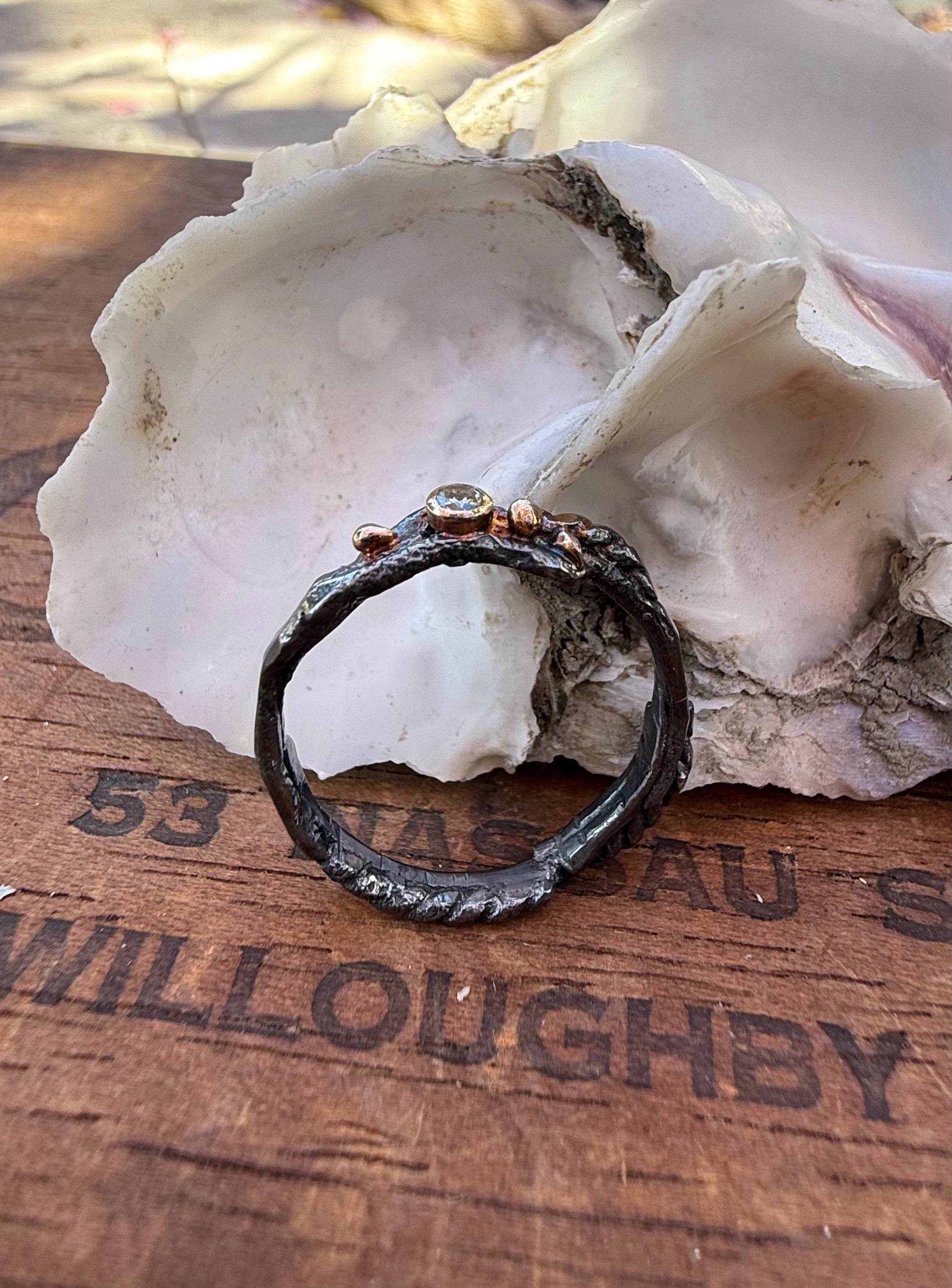 Fused Sterling Silver & Recycled 14K Gold with  a 2mm Moissanite Diamond.