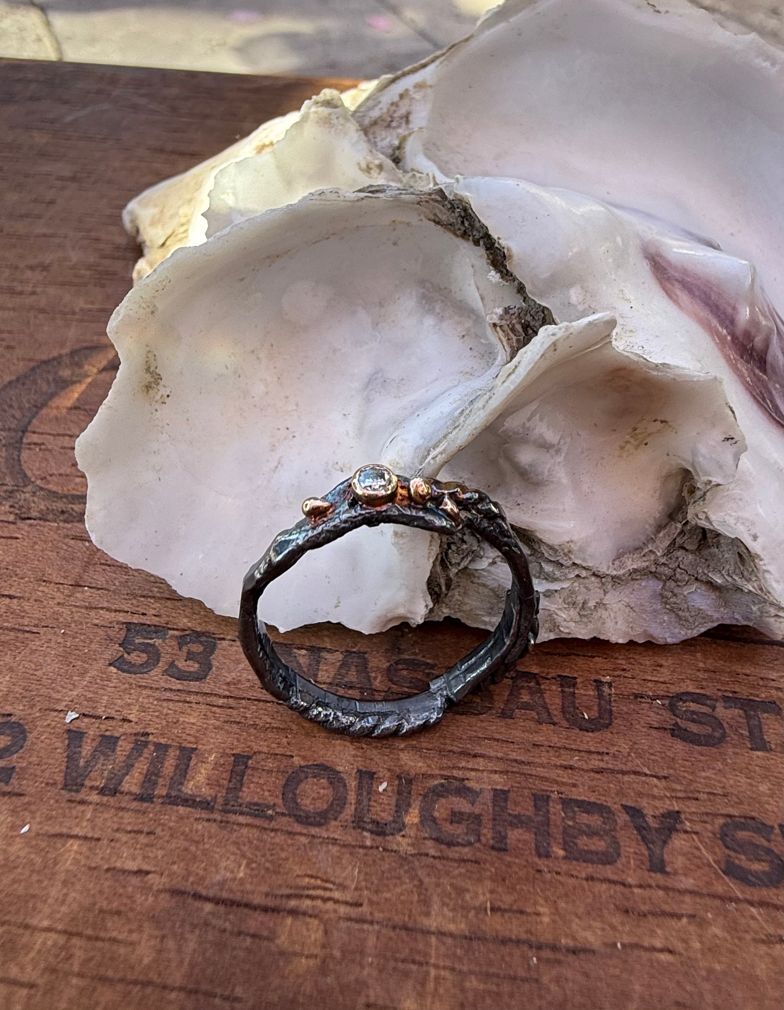 Fused Sterling Silver & Recycled 14K Gold with  a 2mm Moissanite Diamond.