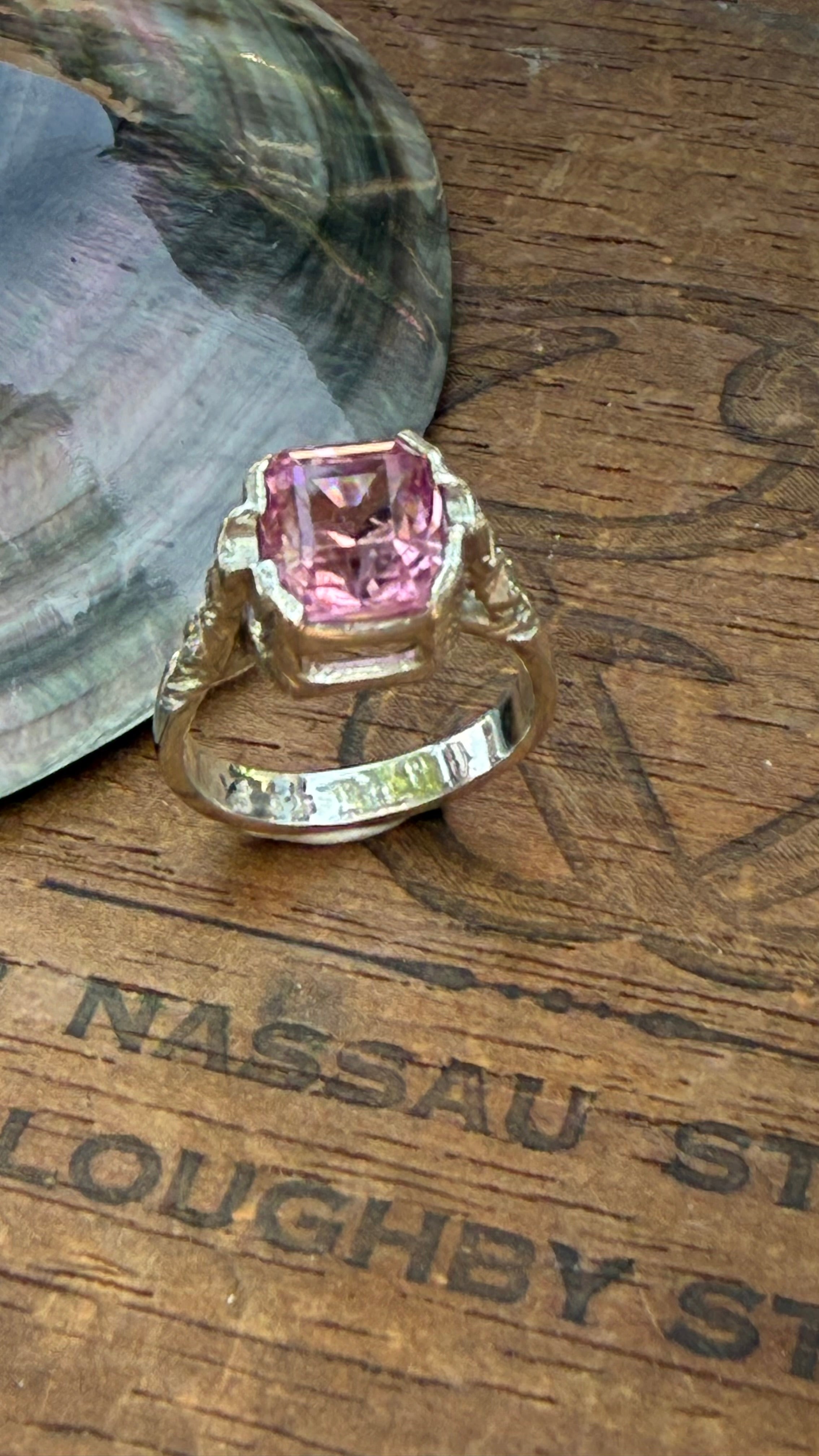 Handmade Antique Inspired Bubblegum Pink Tourmaline Ring in Sterling Silver with Lab Diamonds, size 7.5