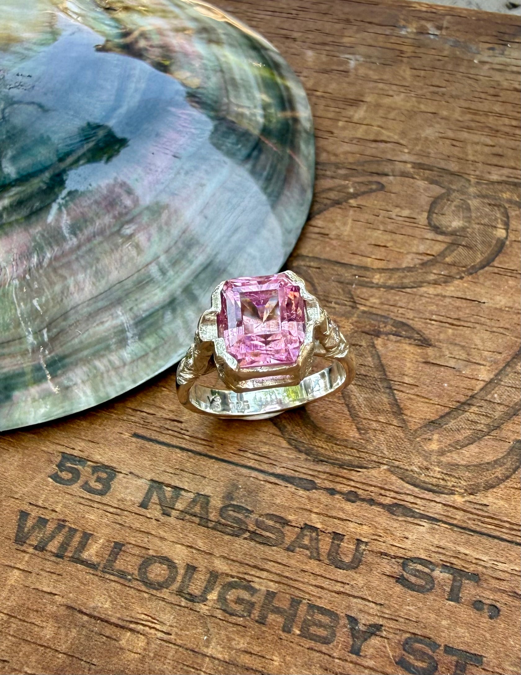 Handmade Antique Inspired Bubblegum Pink Tourmaline Ring in Sterling Silver with Lab Diamonds, size 7.5