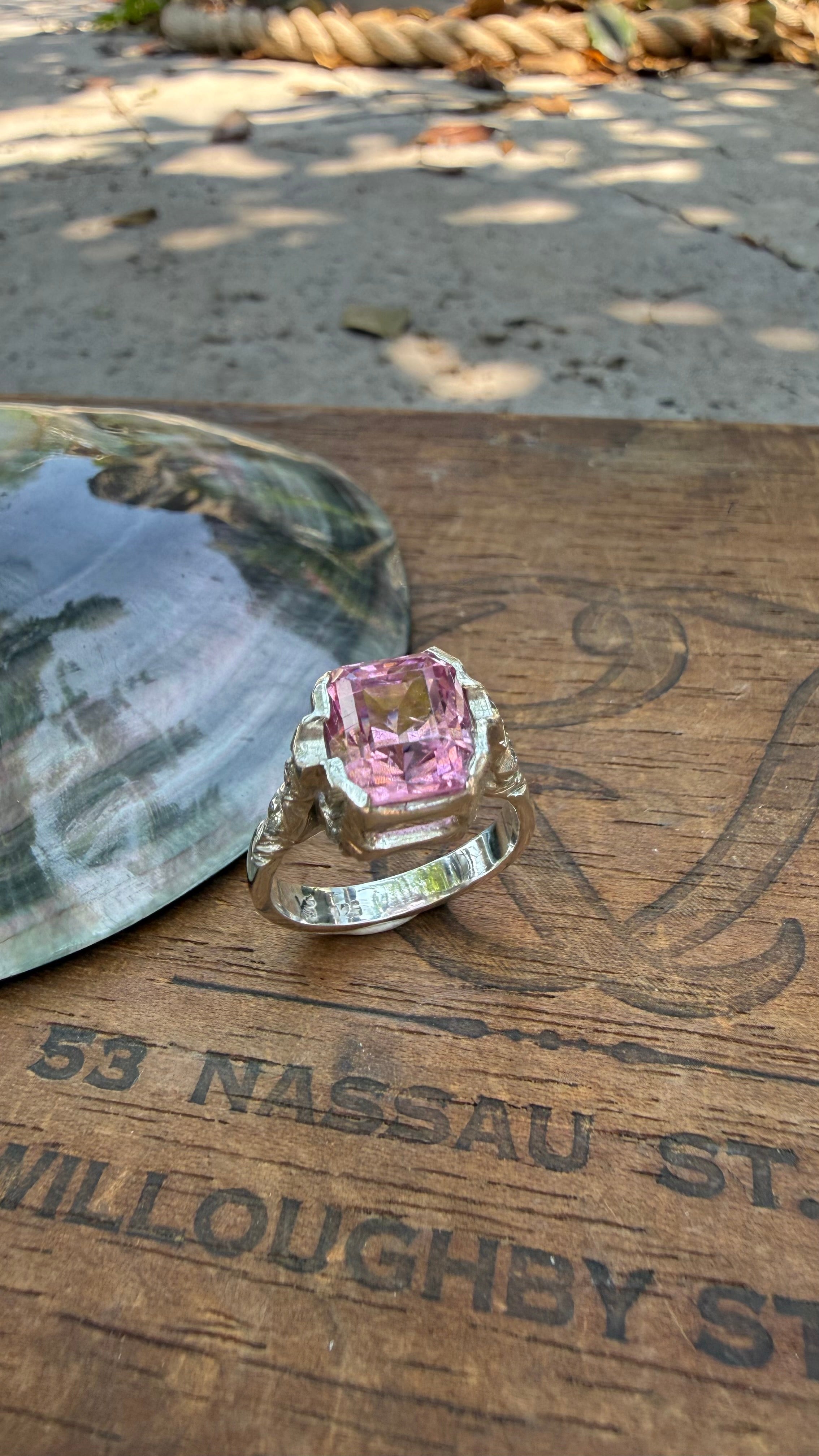 Handmade Antique Inspired Bubblegum Pink Tourmaline Ring in Sterling Silver with Lab Diamonds, size 7.5