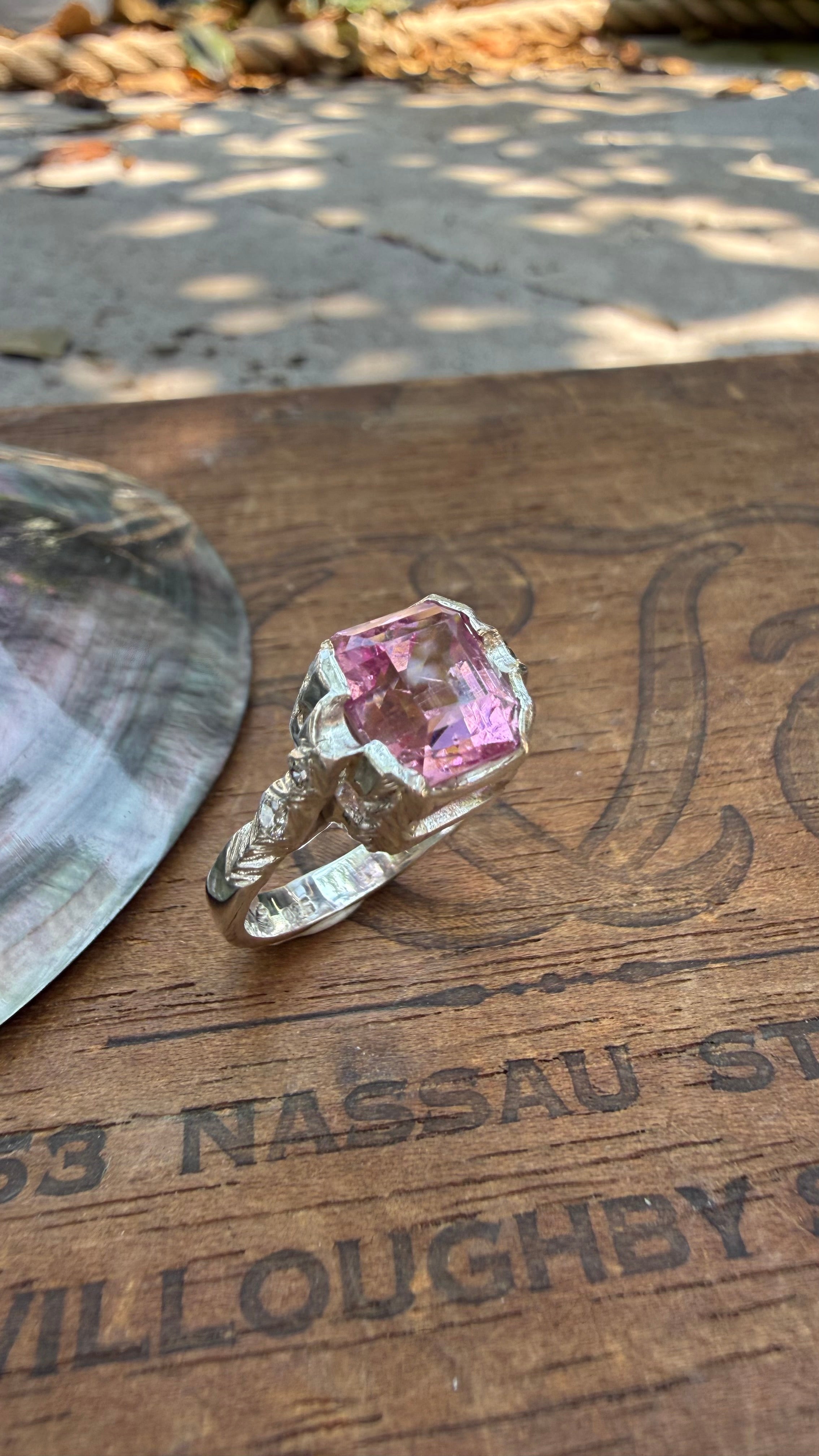 Handmade Antique Inspired Bubblegum Pink Tourmaline Ring in Sterling Silver with Lab Diamonds, size 7.5