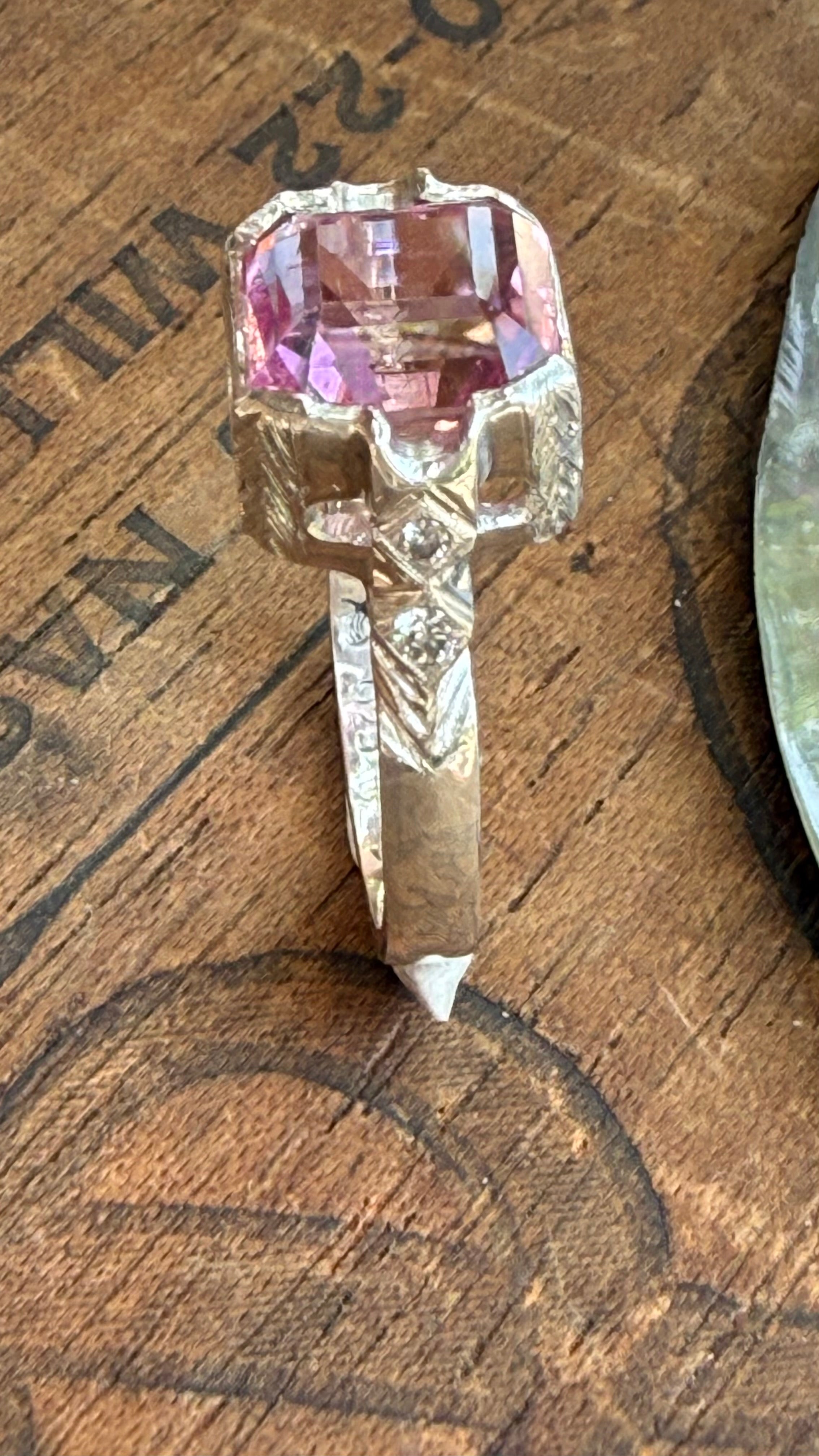 Handmade Antique Inspired Bubblegum Pink Tourmaline Ring in Sterling Silver with Lab Diamonds, size 7.5