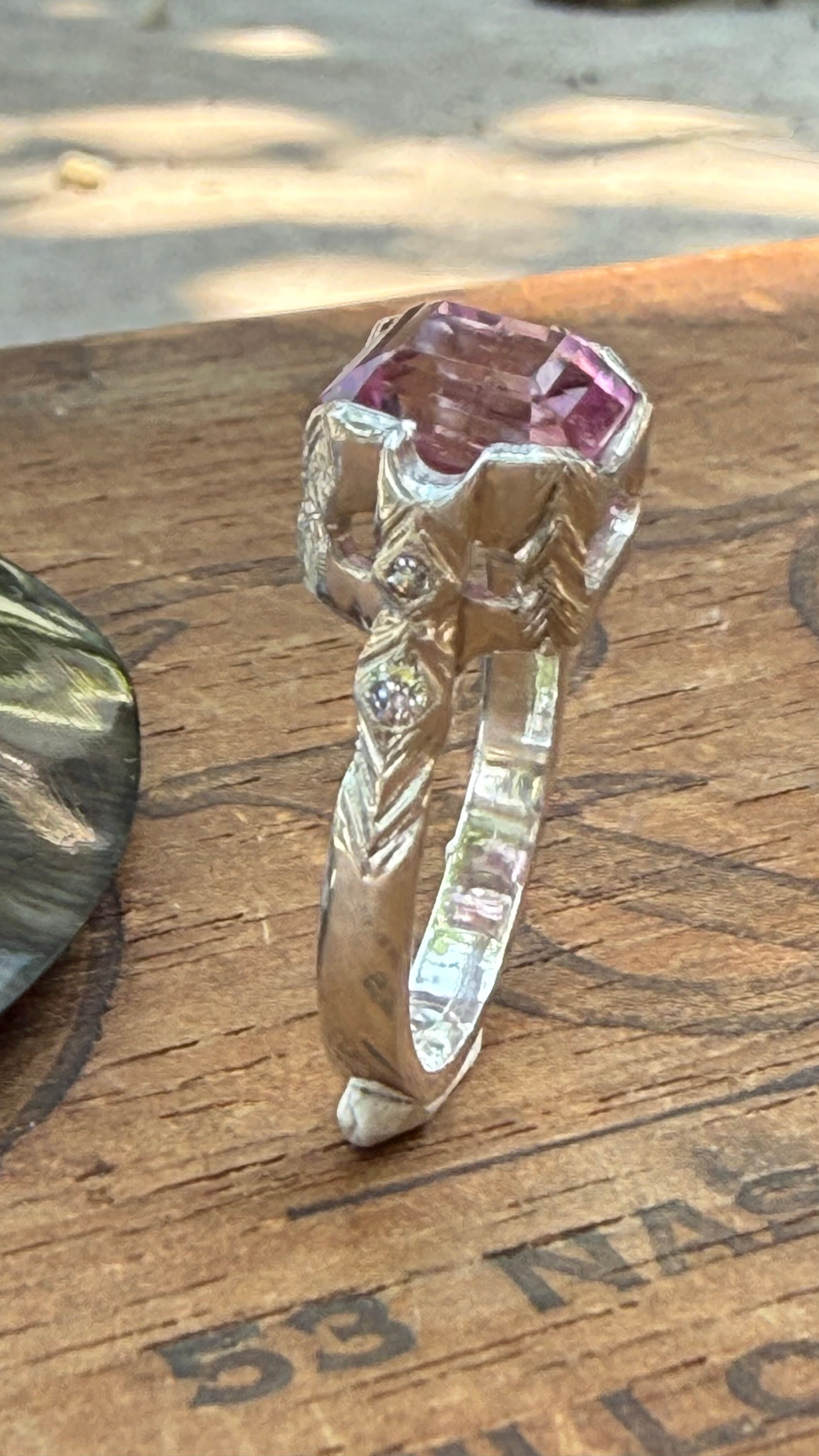Handmade Antique Inspired Bubblegum Pink Tourmaline Ring in Sterling Silver with Lab Diamonds, size 7.5