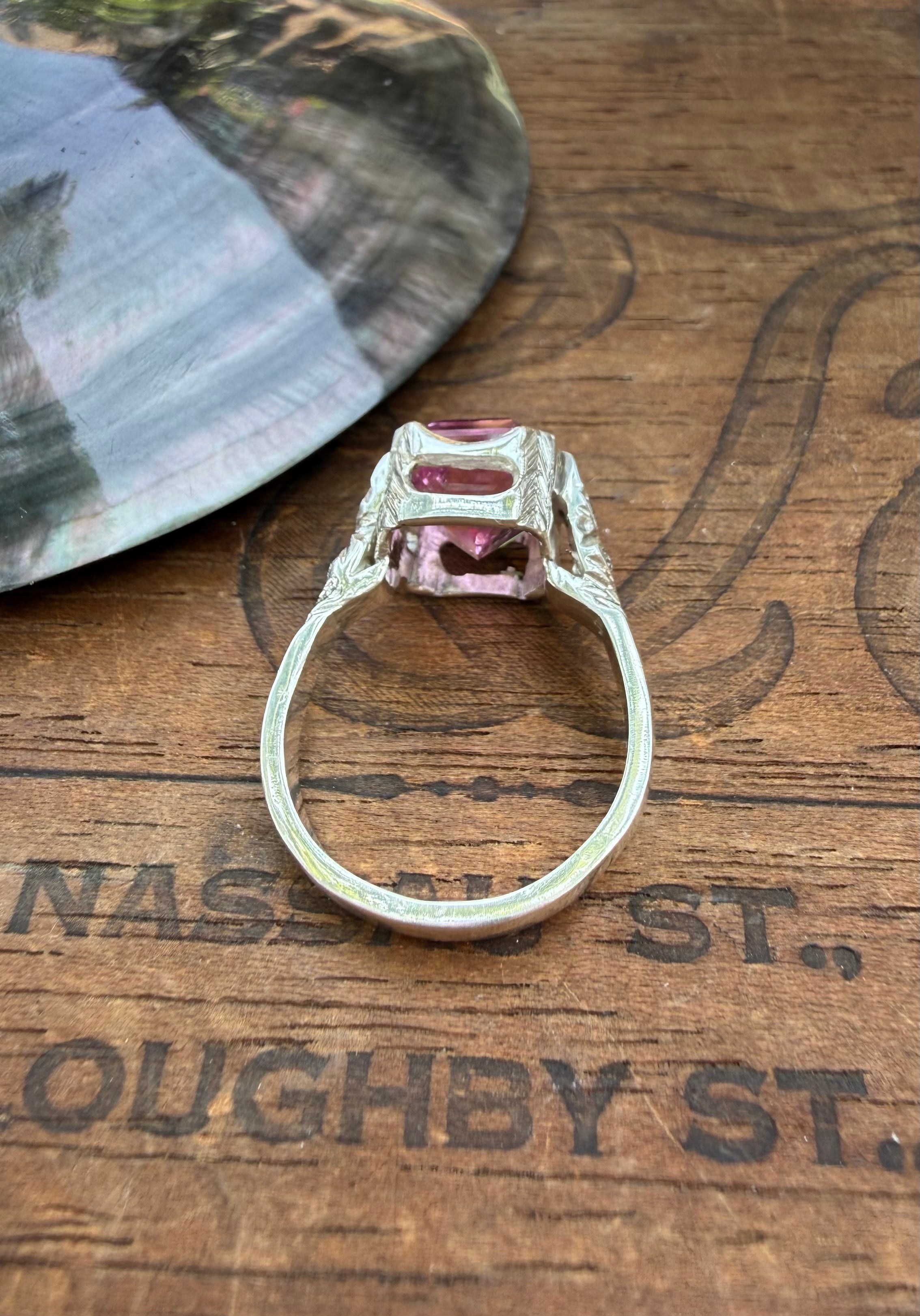 Handmade Antique Inspired Bubblegum Pink Tourmaline Ring in Sterling Silver with Lab Diamonds, size 7.5