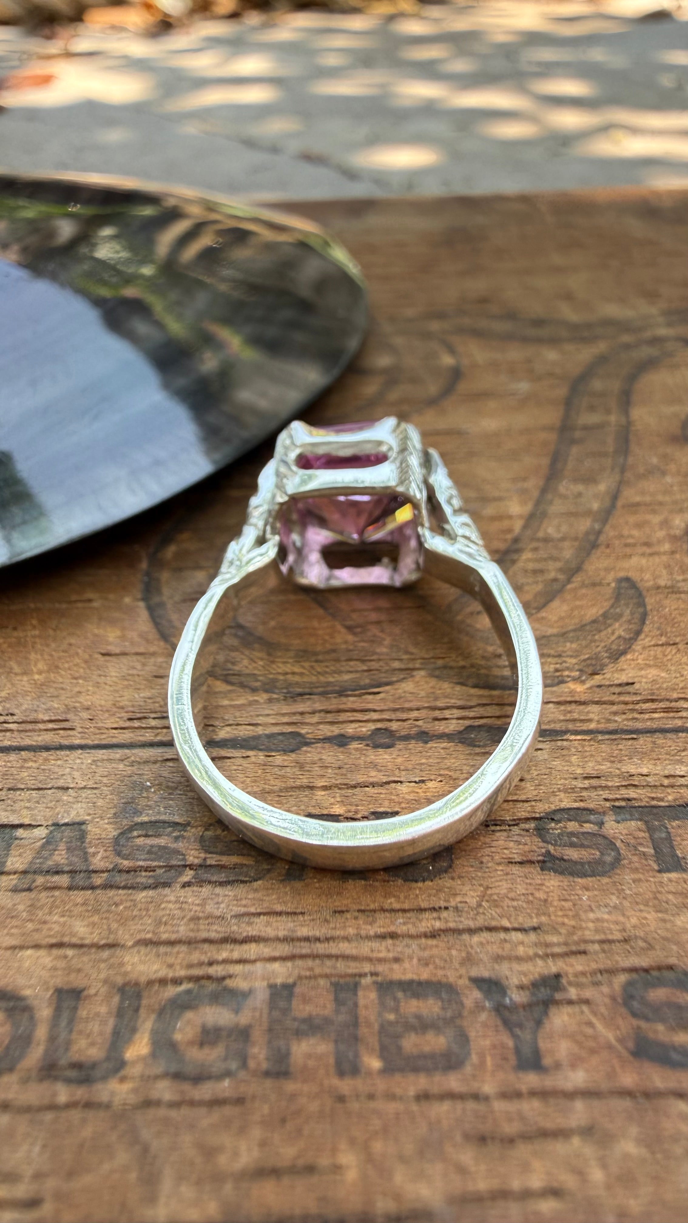 Handmade Antique Inspired Bubblegum Pink Tourmaline Ring in Sterling Silver with Lab Diamonds, size 7.5