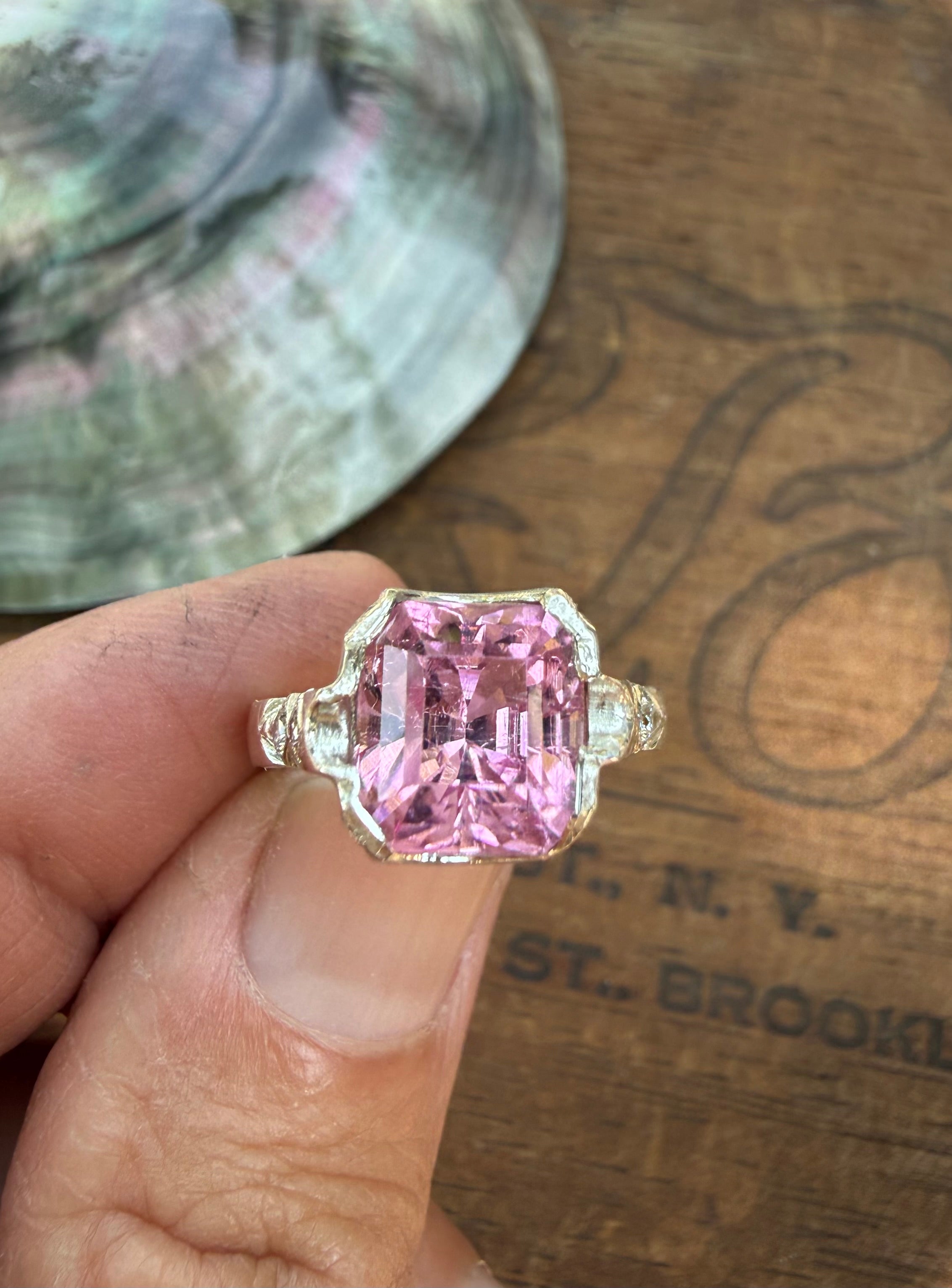 Handmade Antique Inspired Bubblegum Pink Tourmaline Ring in Sterling Silver with Lab Diamonds, size 7.5