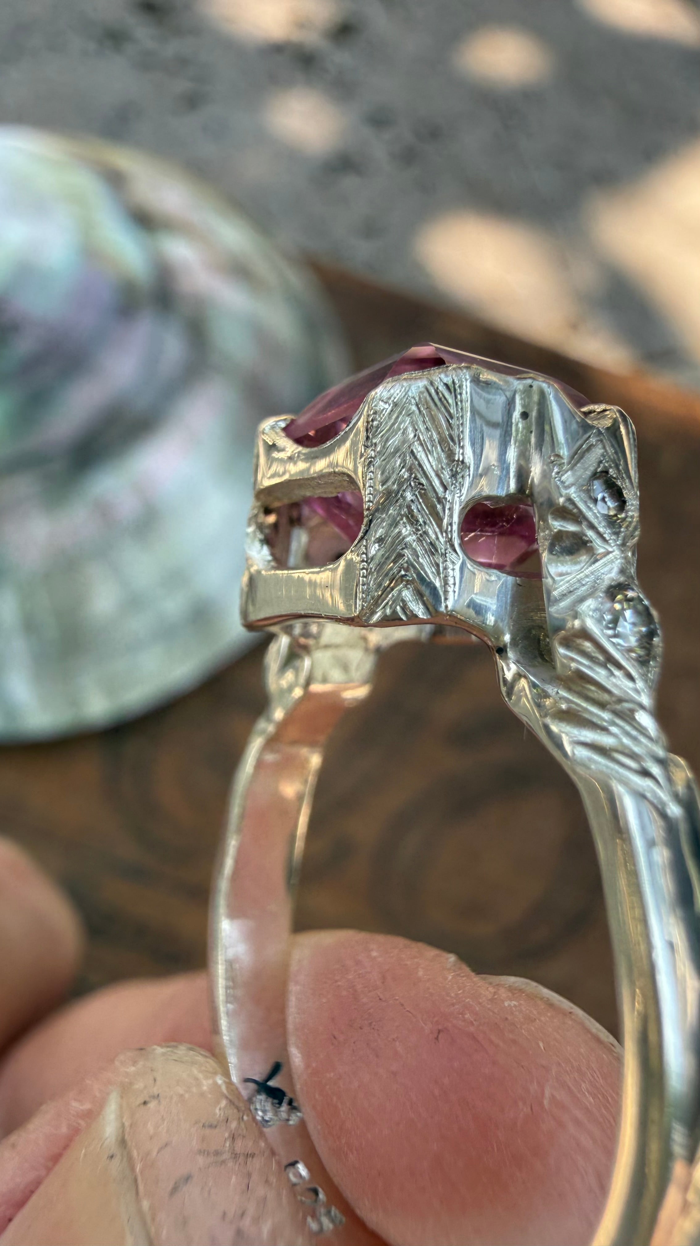 Handmade Antique Inspired Bubblegum Pink Tourmaline Ring in Sterling Silver with Lab Diamonds, size 7.5