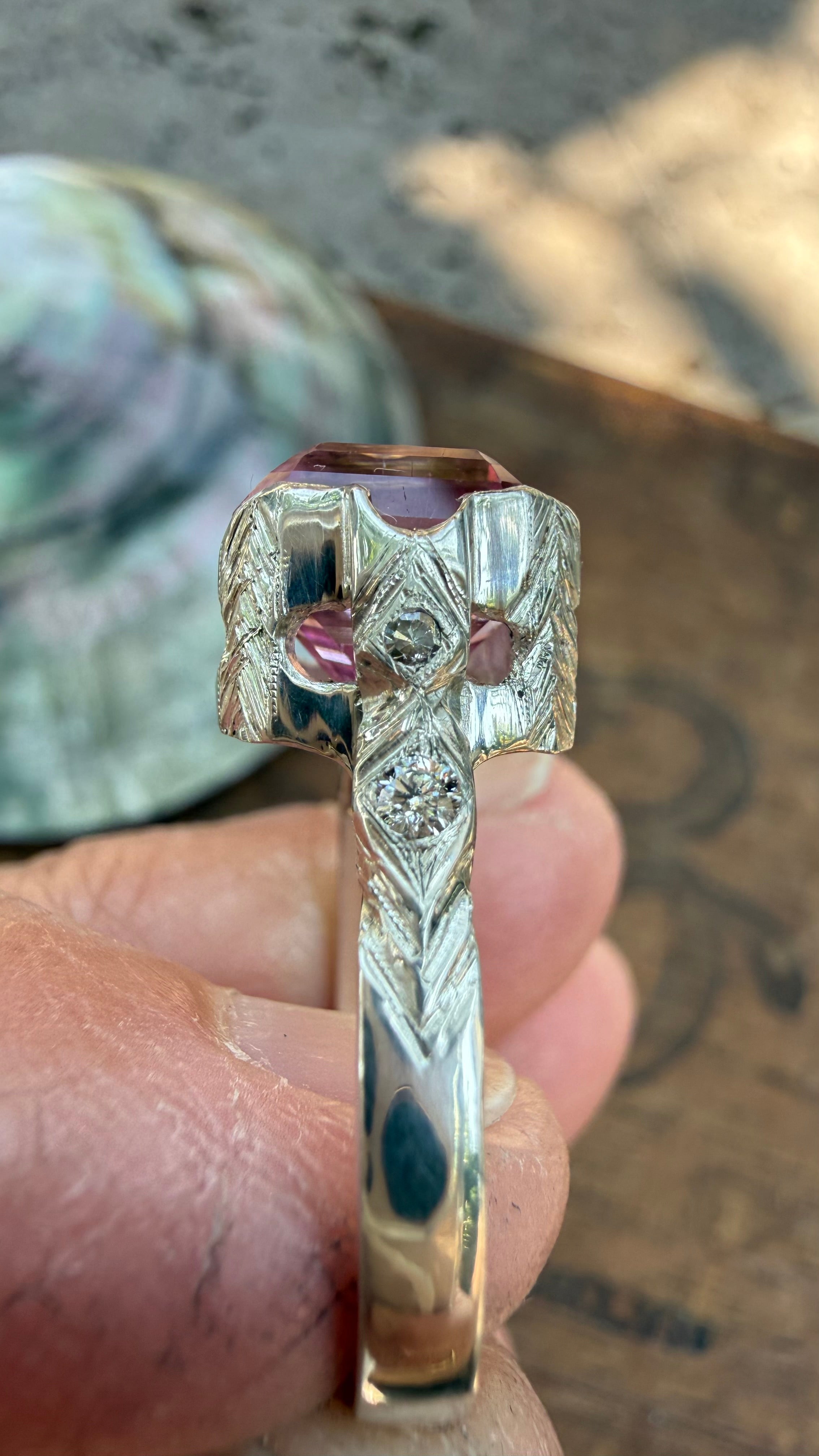 Handmade Antique Inspired Bubblegum Pink Tourmaline Ring in Sterling Silver with Lab Diamonds, size 7.5