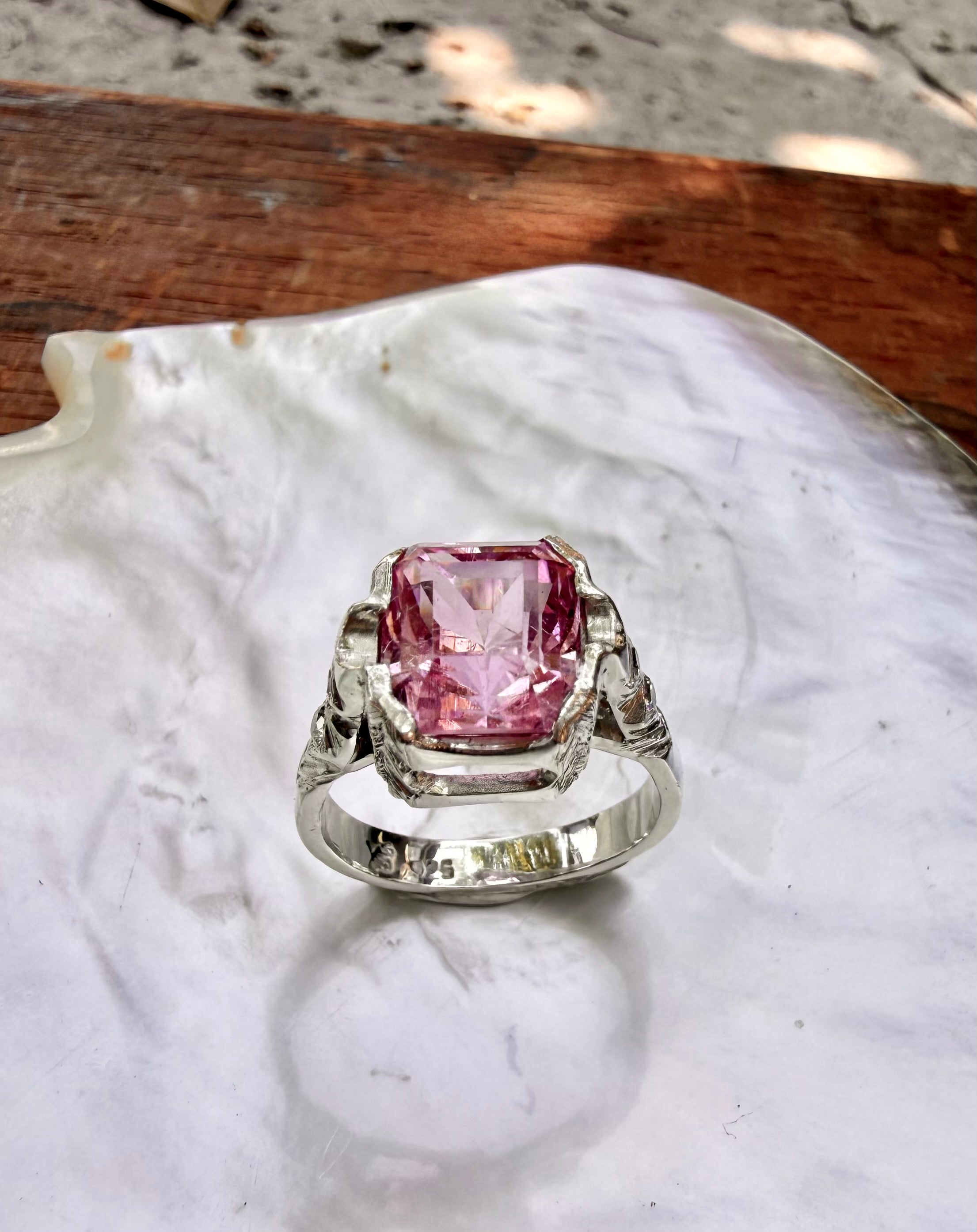 Handmade Antique Inspired Bubblegum Pink Tourmaline Ring in Sterling Silver with Lab Diamonds, size 7.5