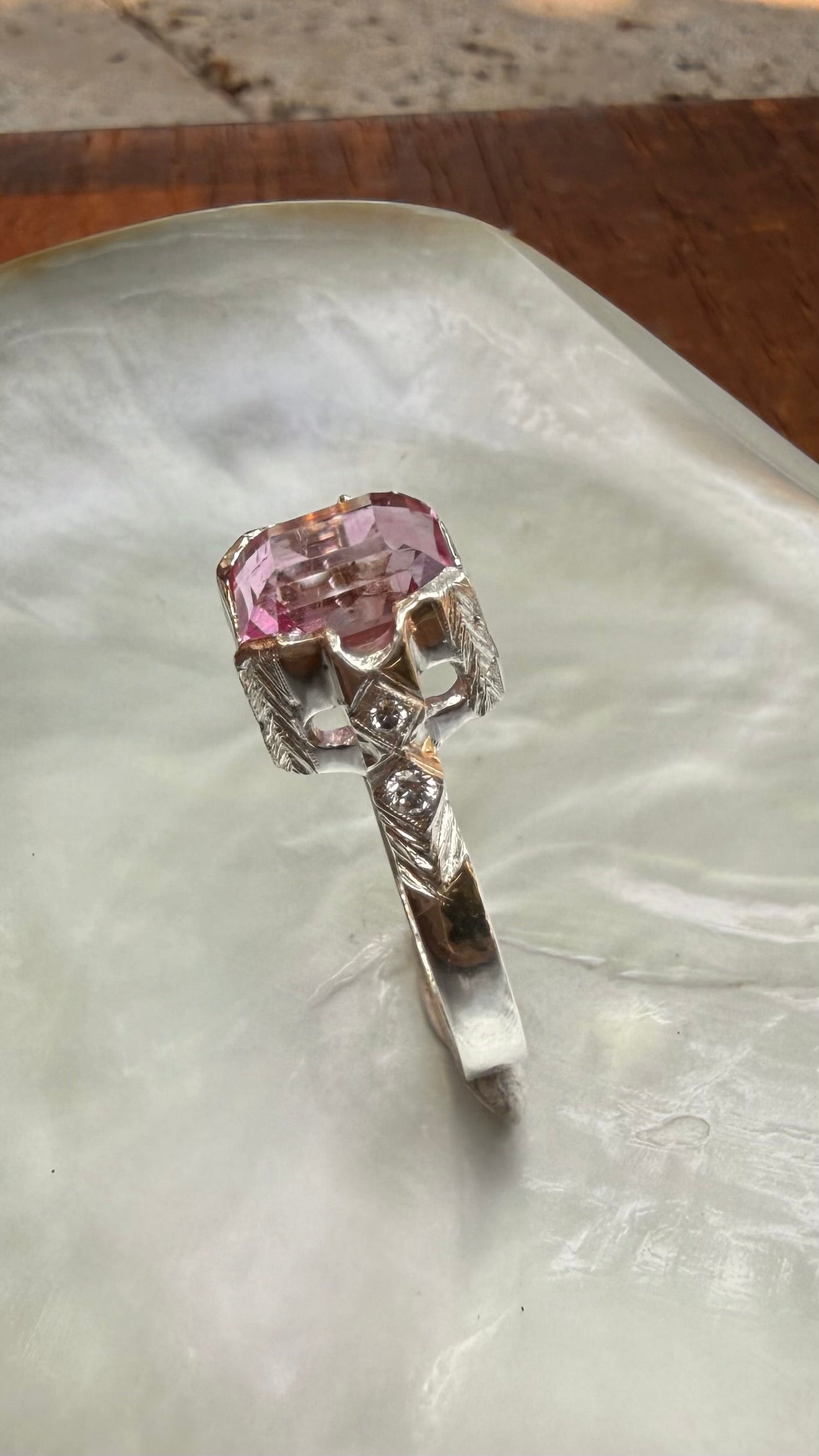 Handmade Antique Inspired Bubblegum Pink Tourmaline Ring in Sterling Silver with Lab Diamonds, size 7.5