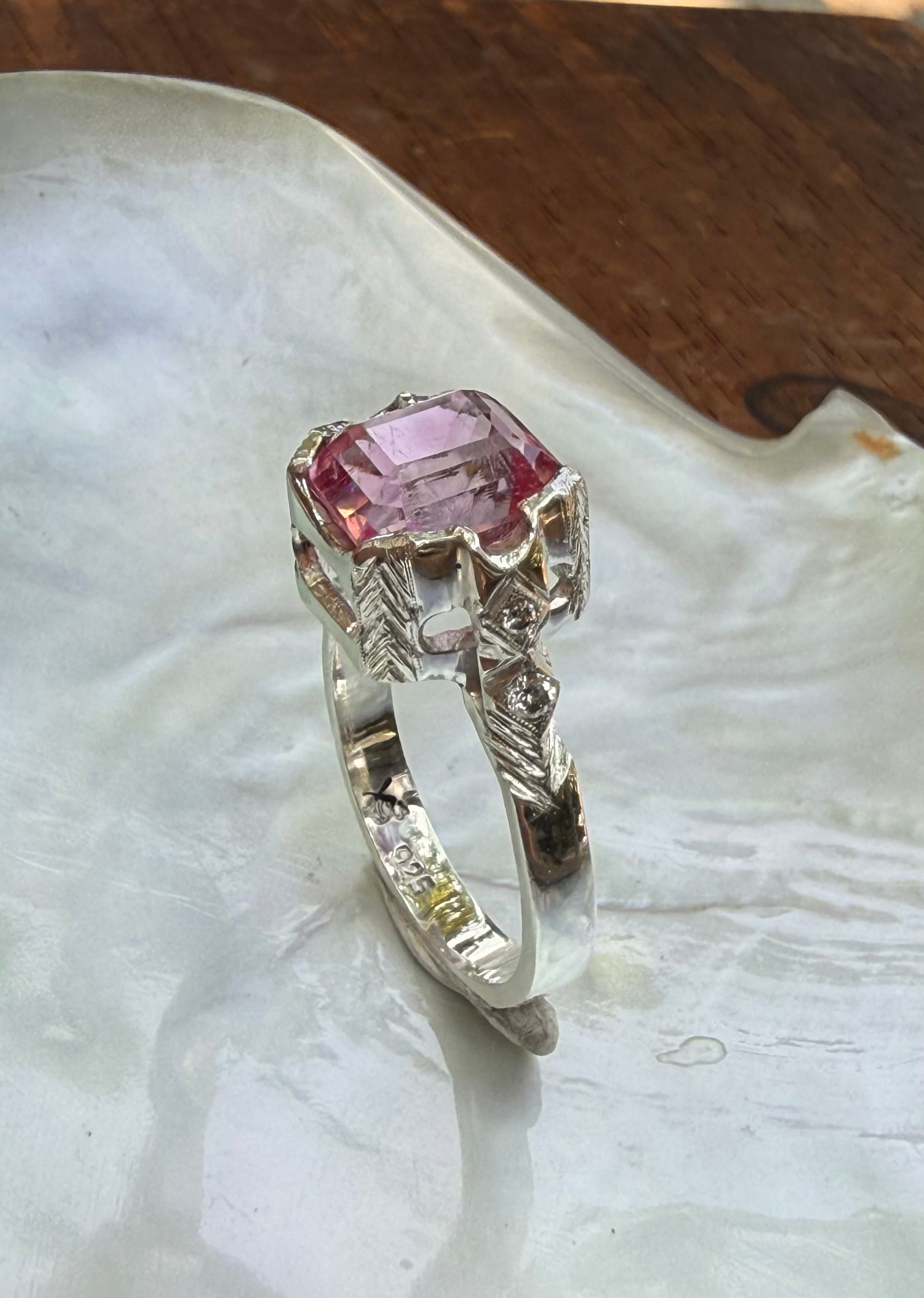 Handmade Antique Inspired Bubblegum Pink Tourmaline Ring in Sterling Silver with Lab Diamonds, size 7.5
